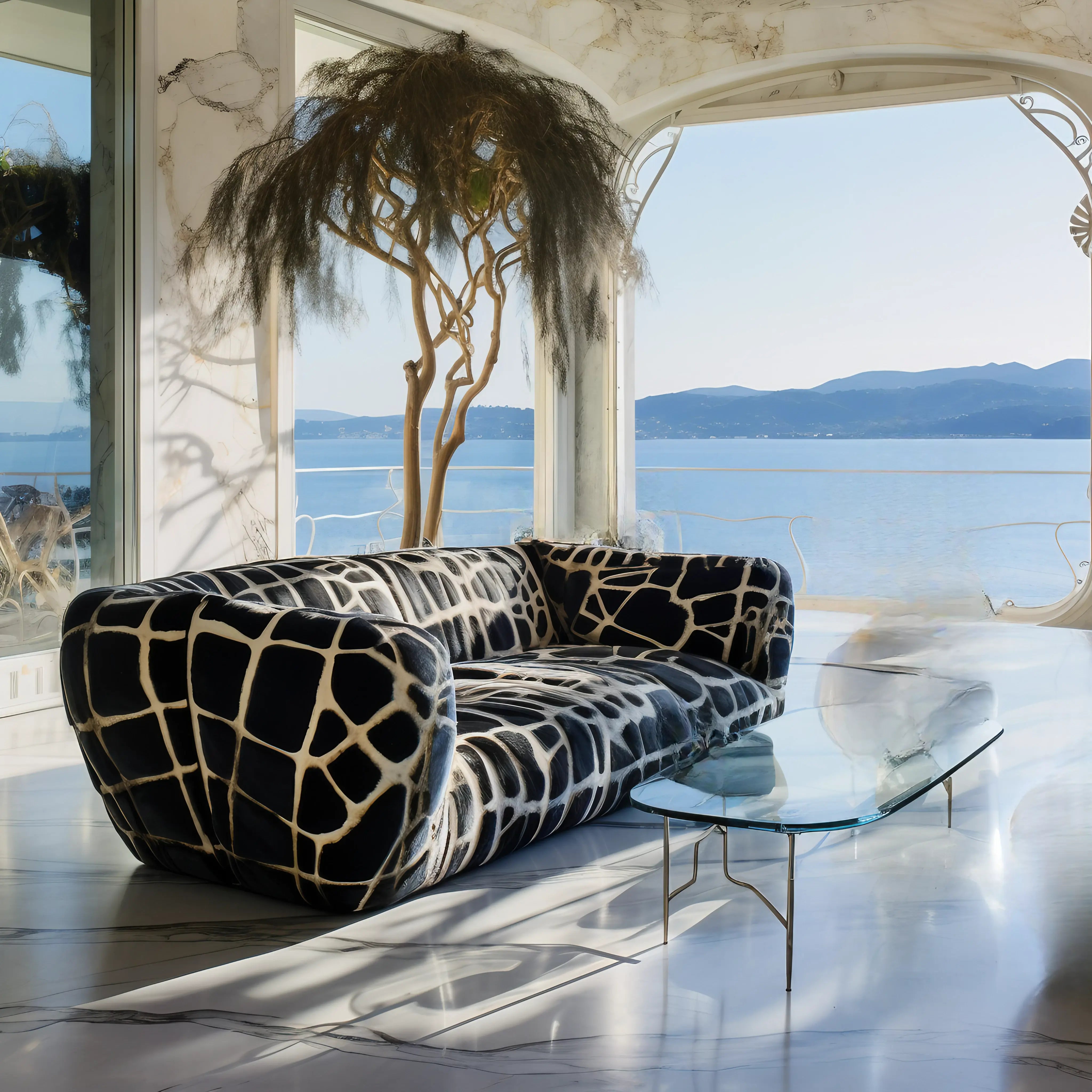 Modern living room with patterned black sofa, glass table, large window overlooking water, and decorative tree by marble floor.