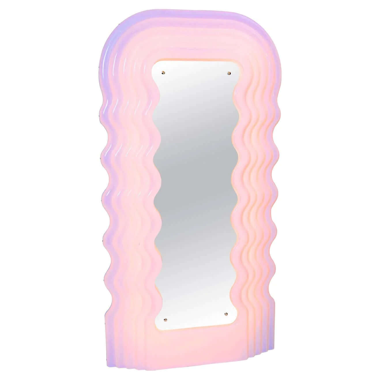 Tall wavy framed mirror with pink and purple gradient colors, featuring a rectangular reflective surface with rounded edges.