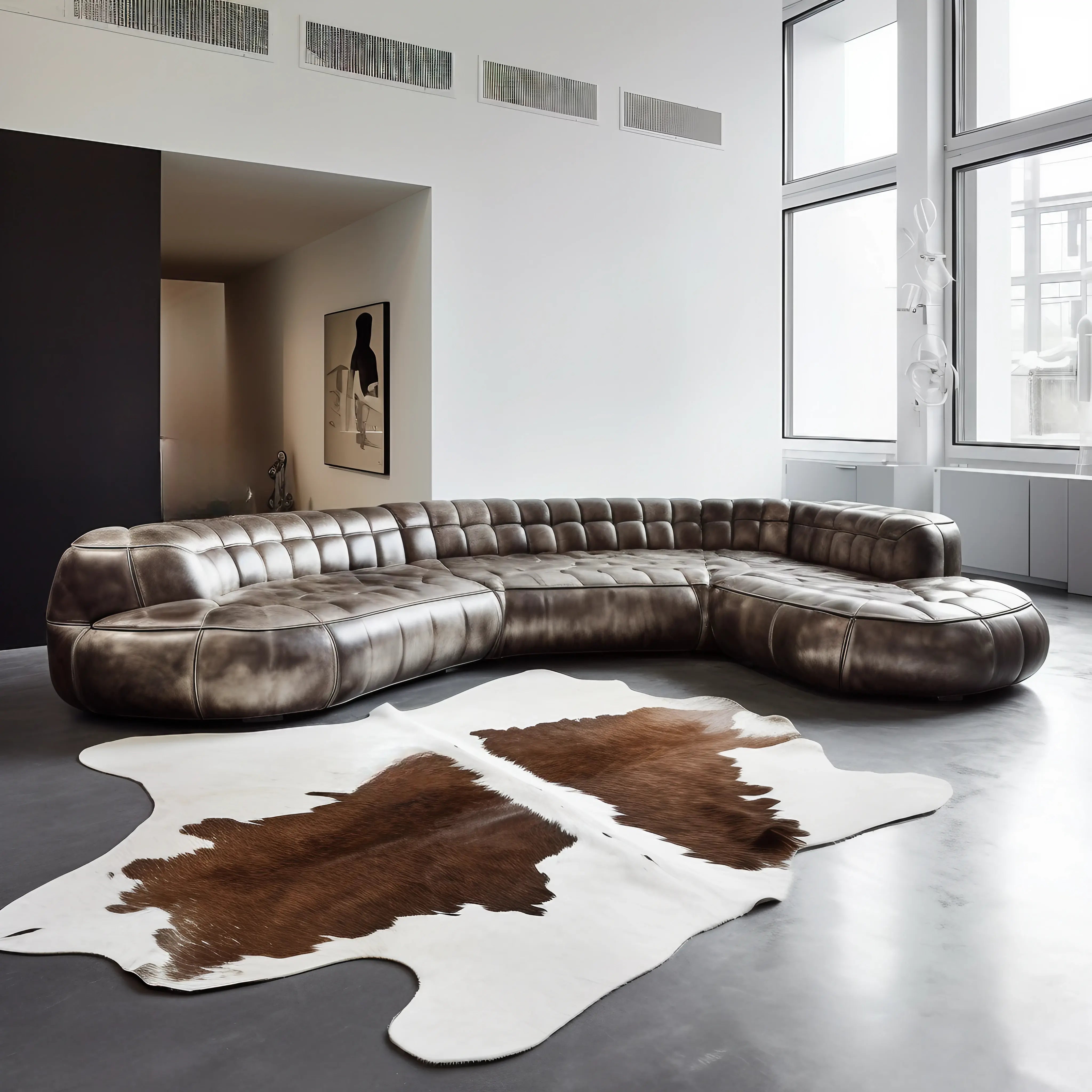 Modern living room with a large, curved brown leather sofa and a white and brown cowhide rug on a polished concrete floor.