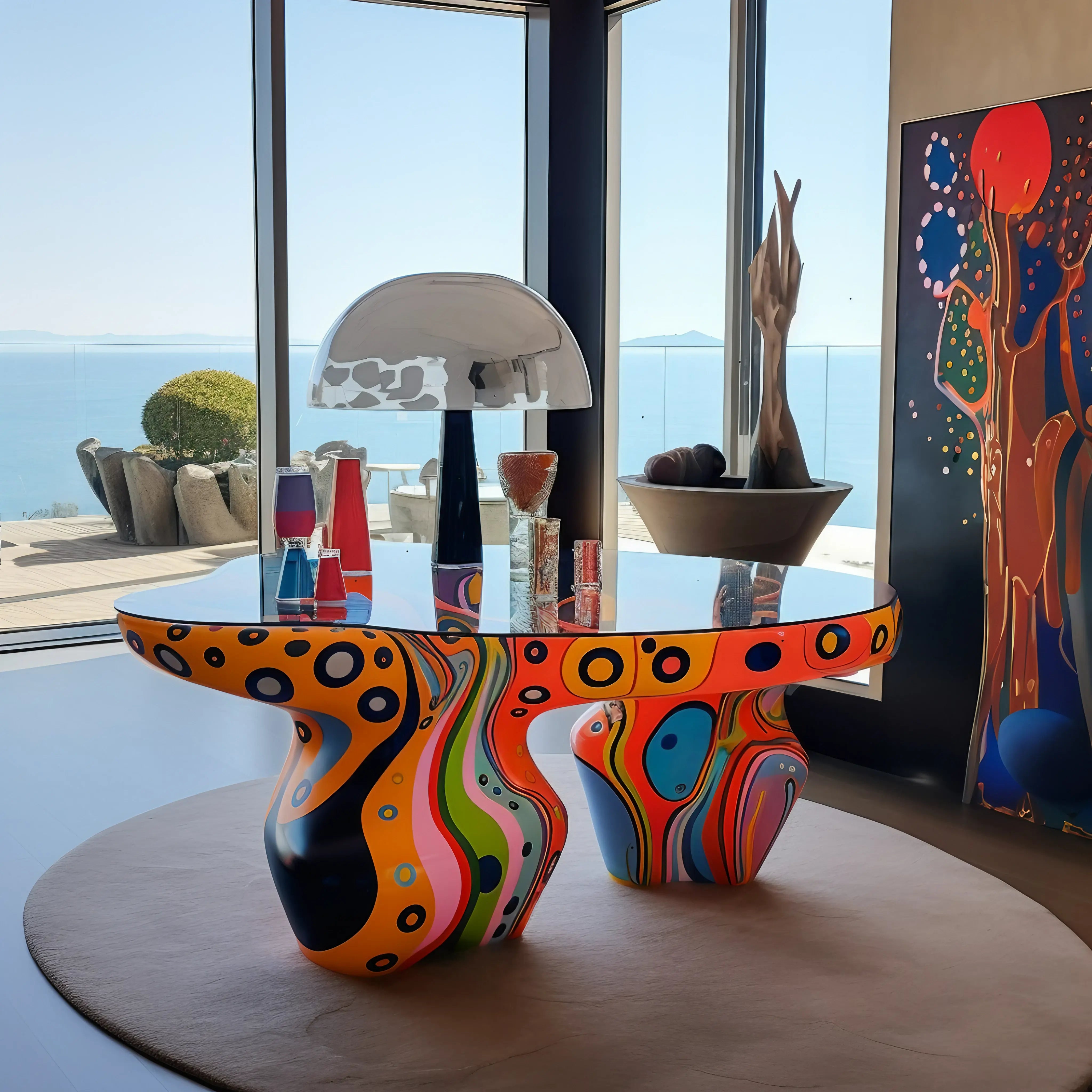 Minimalist red-lit room featuring a vertical rectangular floor lamp with a glowing orange-red tube light encased in a dark frame at the center.