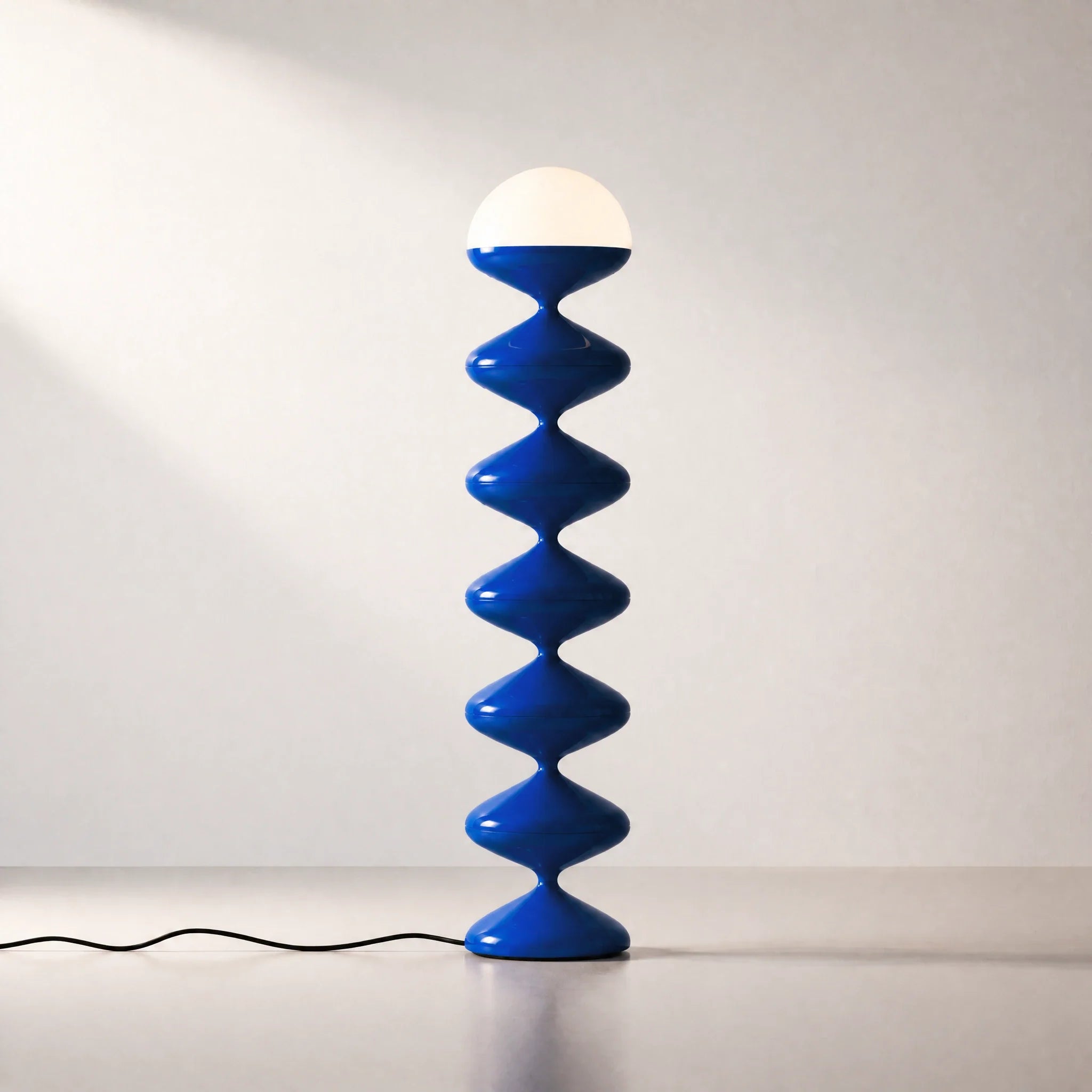 Blue gourd floor lamp with stacked metal discs and frosted dome — view 4