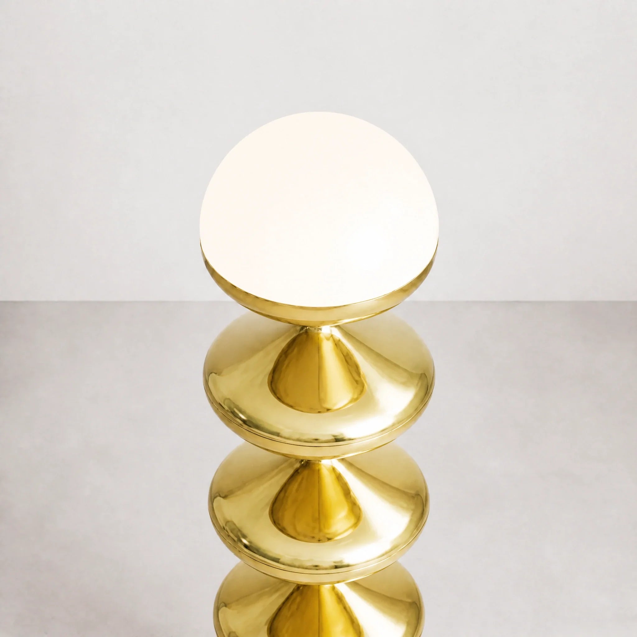 Gold gourd floor lamp with stacked metal discs and frosted dome — view 3
