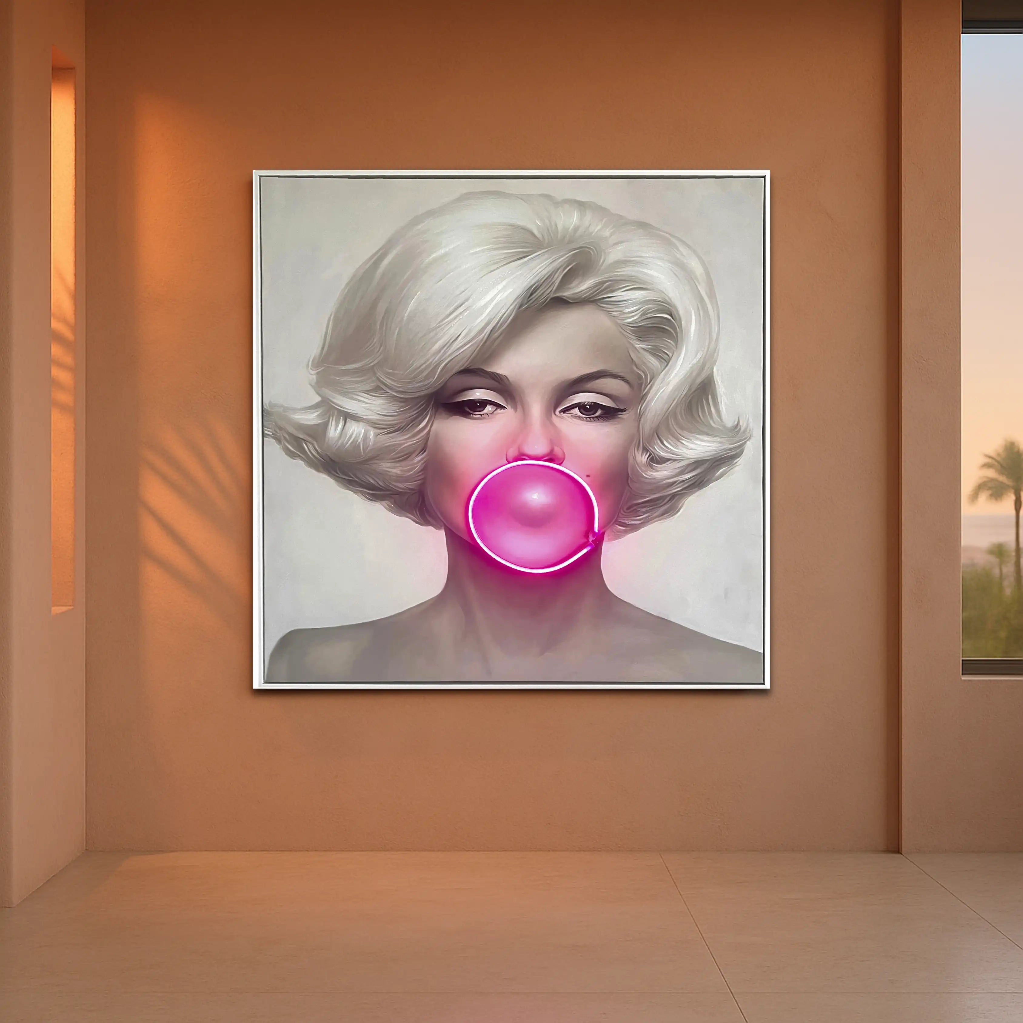 Marilyn Monroe Bubble Gum LED Wall Art – Pink LED Canvas with Bubble Accent Wall Art Interior Moderna