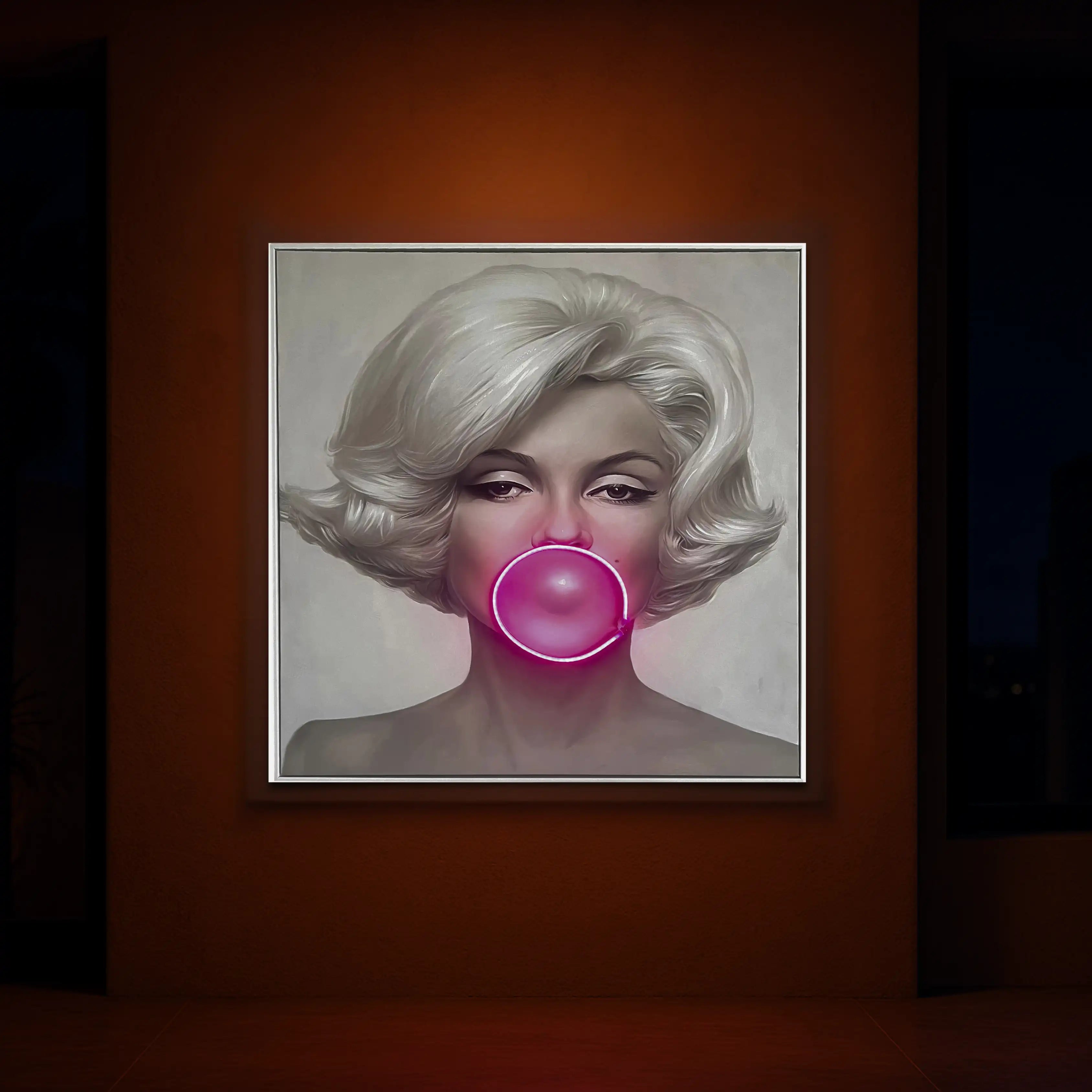 Marilyn Monroe Bubble Gum LED Wall Art – Pink LED Canvas with Bubble Accent Wall Art Interior Moderna