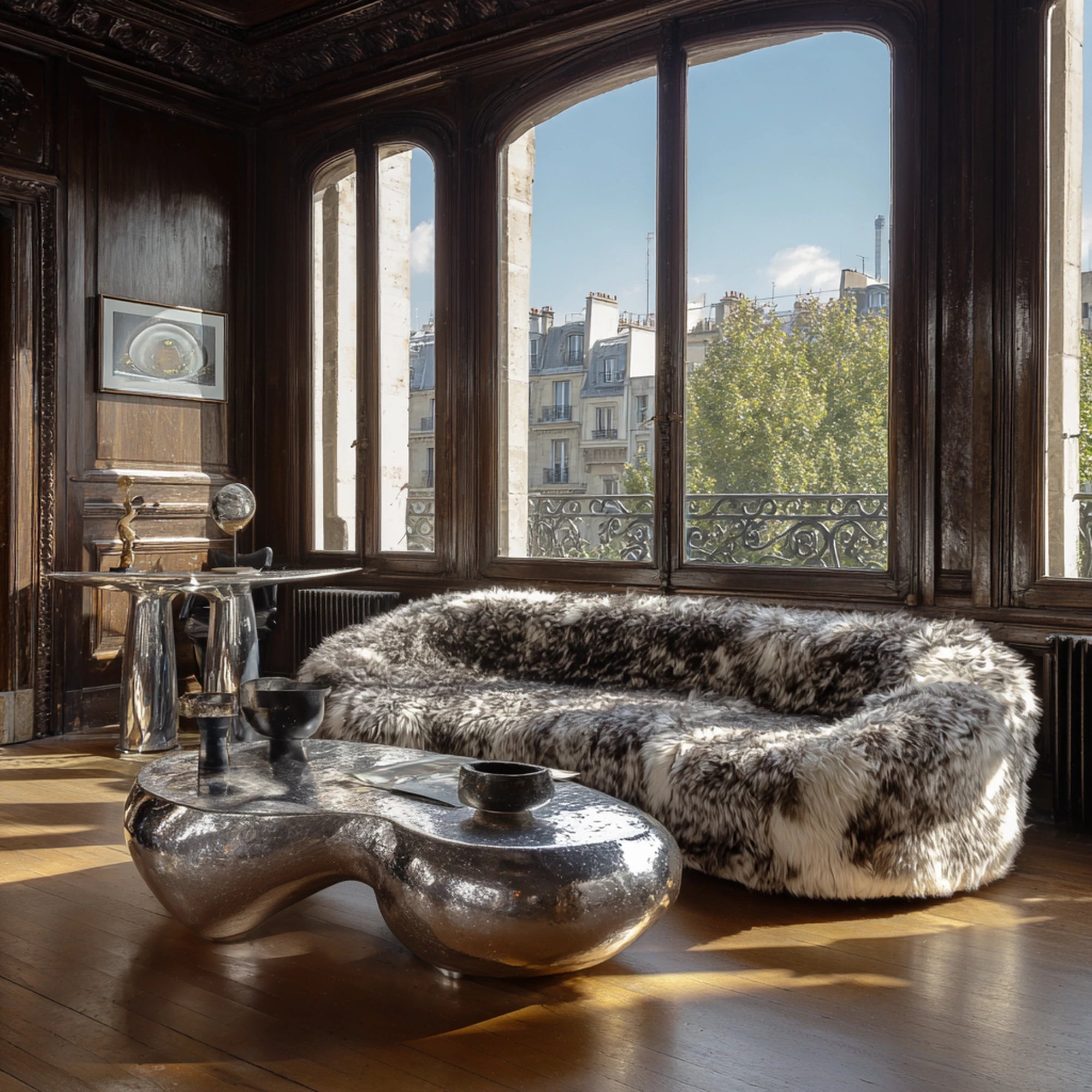 Black and white shaggy faux fur oval pod sofa in interior setting