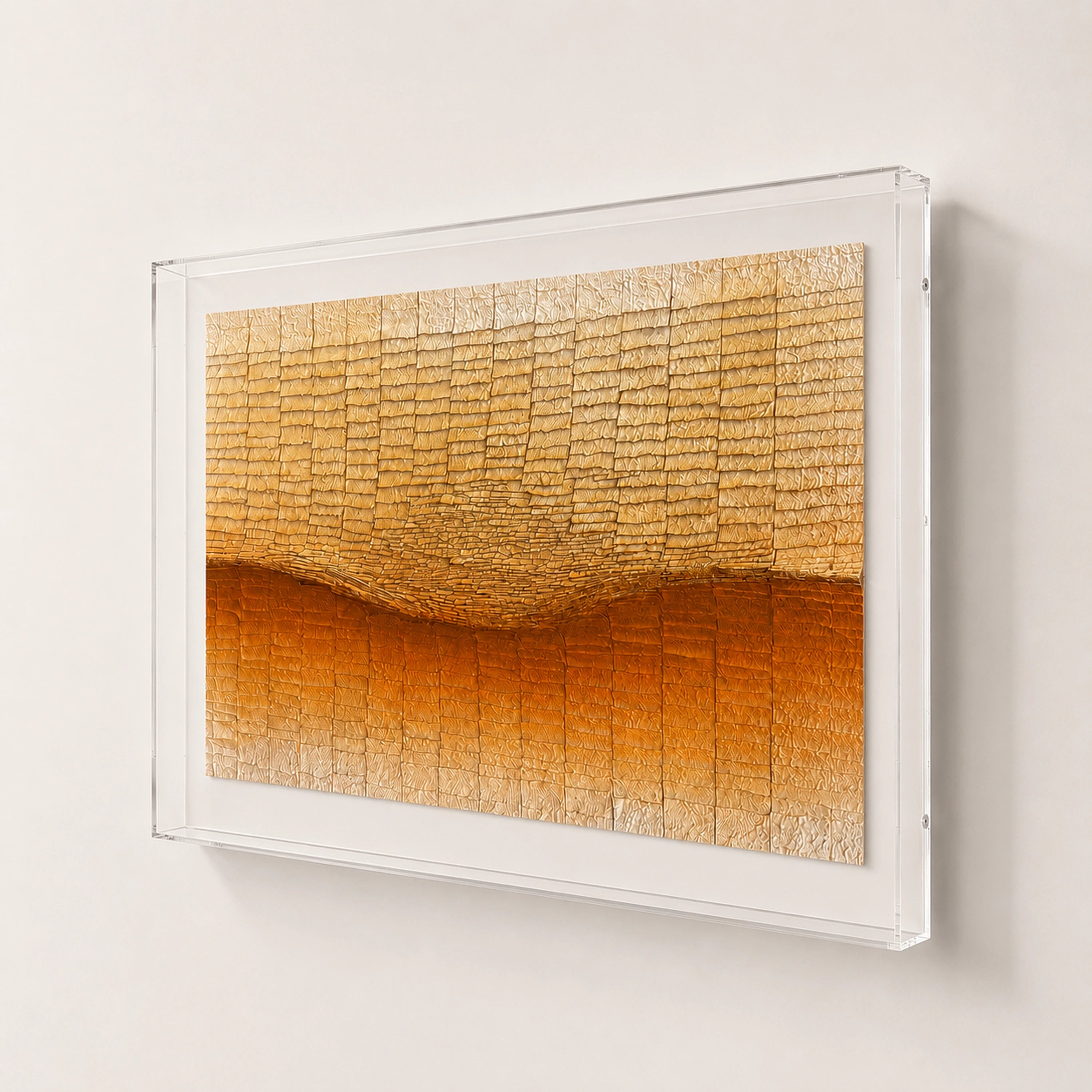 Dune Drift — ivory, amber and burnt-orange layered paper relief wall art in a clear acrylic float frame — view 2