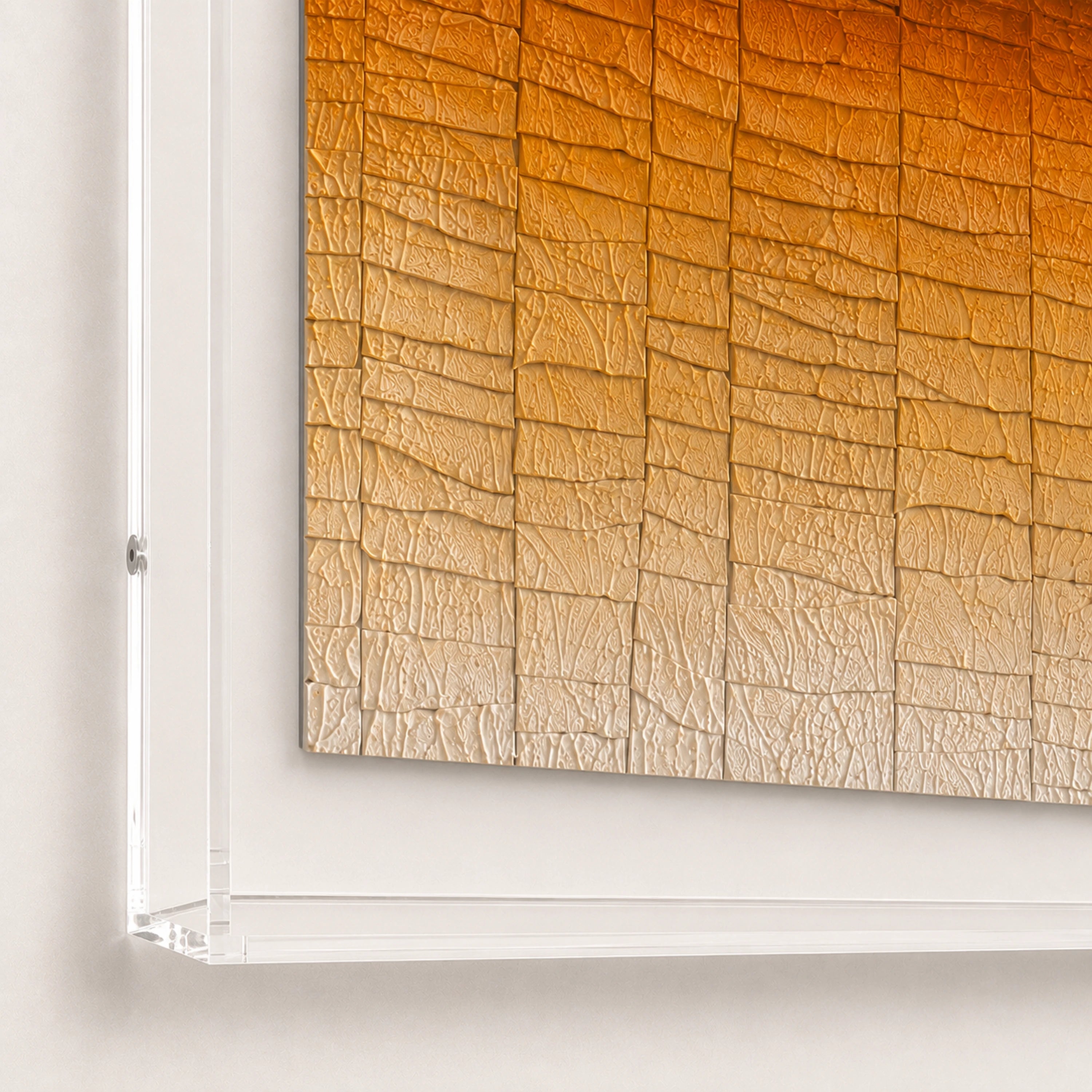 Dune Drift — ivory, amber and burnt-orange layered paper relief wall art in a clear acrylic float frame — view 7