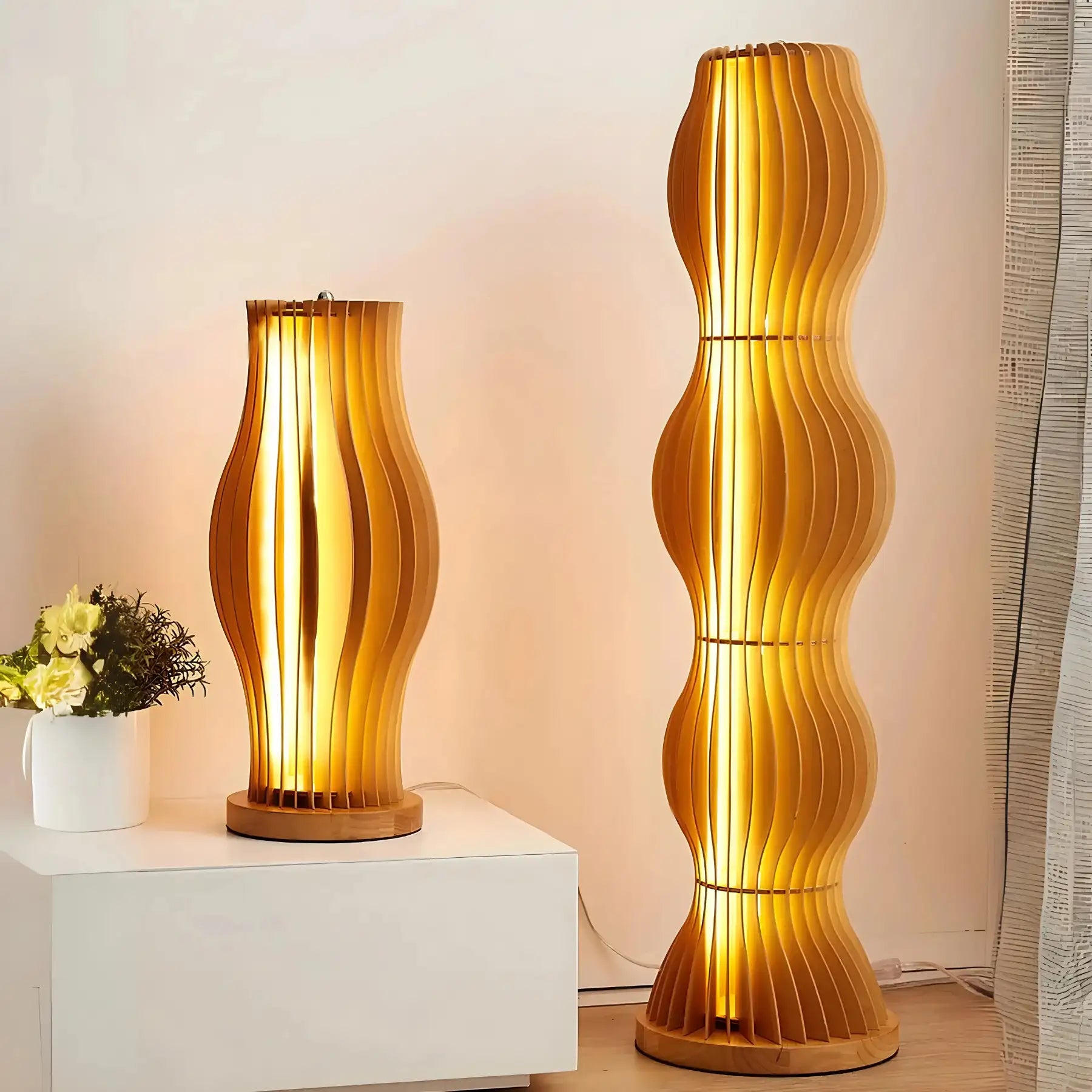 Slatted wood table lamp shown beside the matching floor lamp