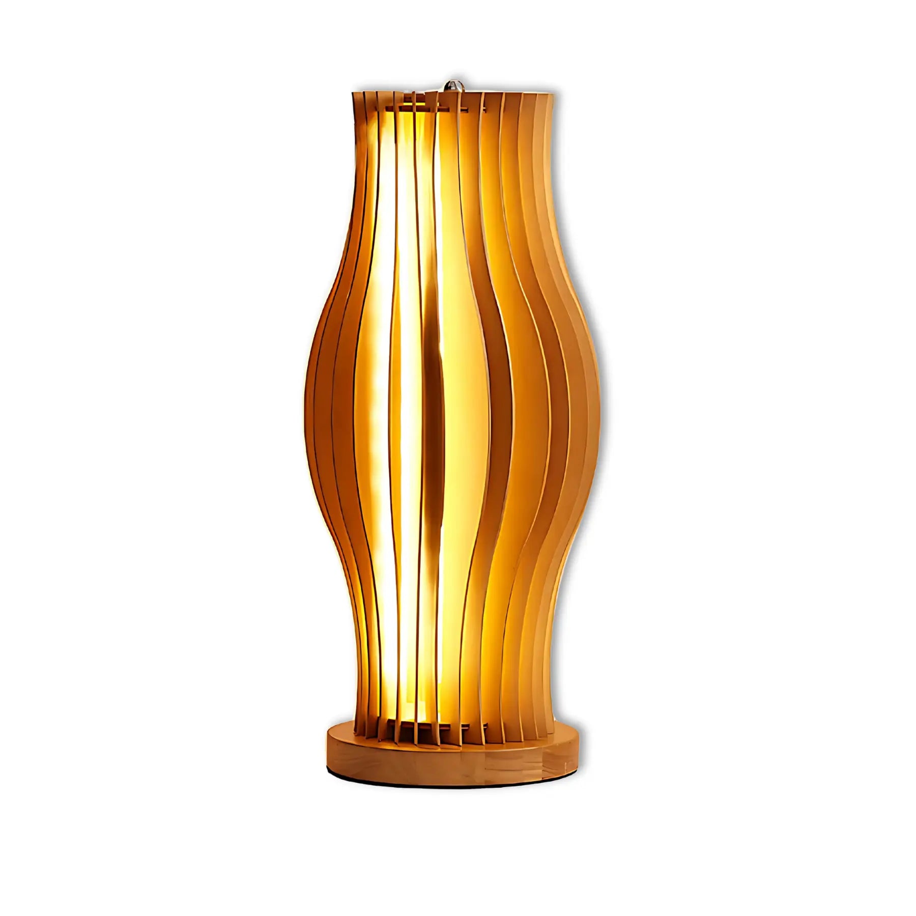 Small brown slatted wood table lamp glowing on a white background