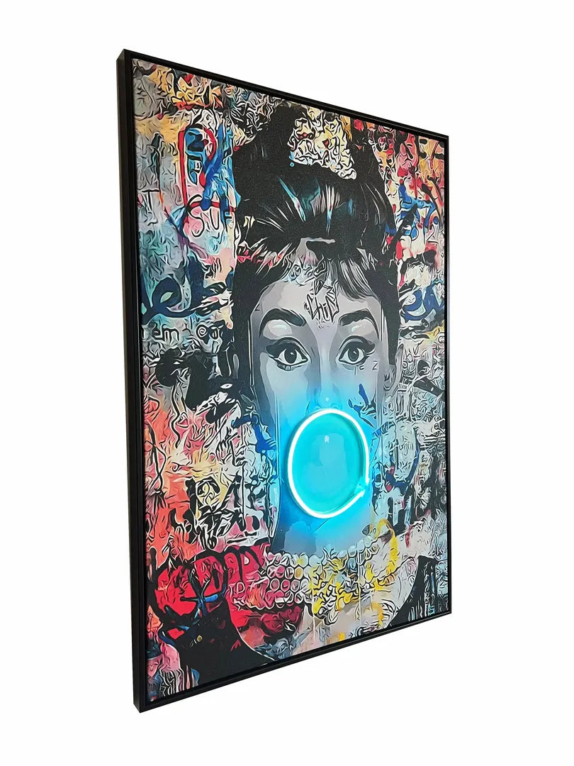 Audrey Hepburn | Pop Art Bubble Gum LED Painting | Modern Street Art Wall Décor Wall Art Interior Moderna