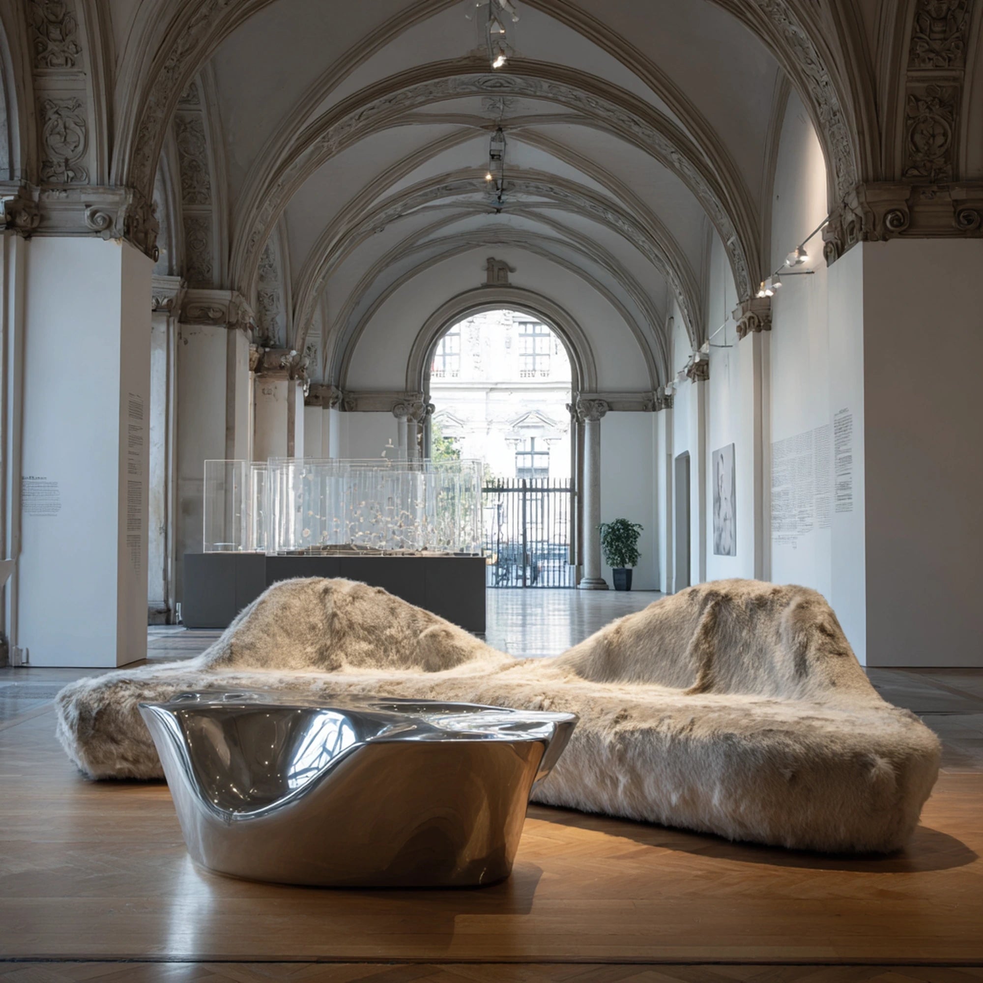 Ivory cream shaggy faux fur organic boulder sofa styled in a gallery interior