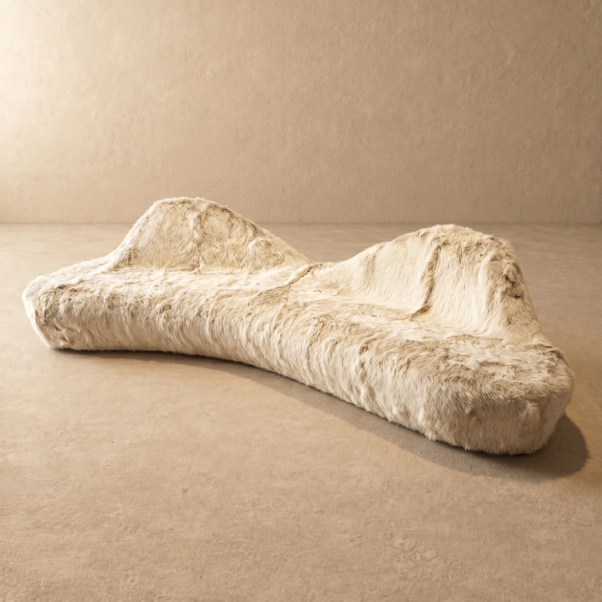 Ivory cream shaggy faux fur organic boulder sofa, oblique view
