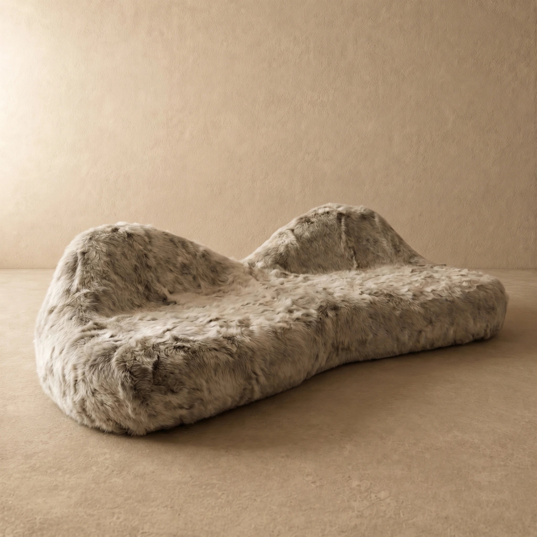 Ivory cream shaggy faux fur organic boulder sofa, straight-on view