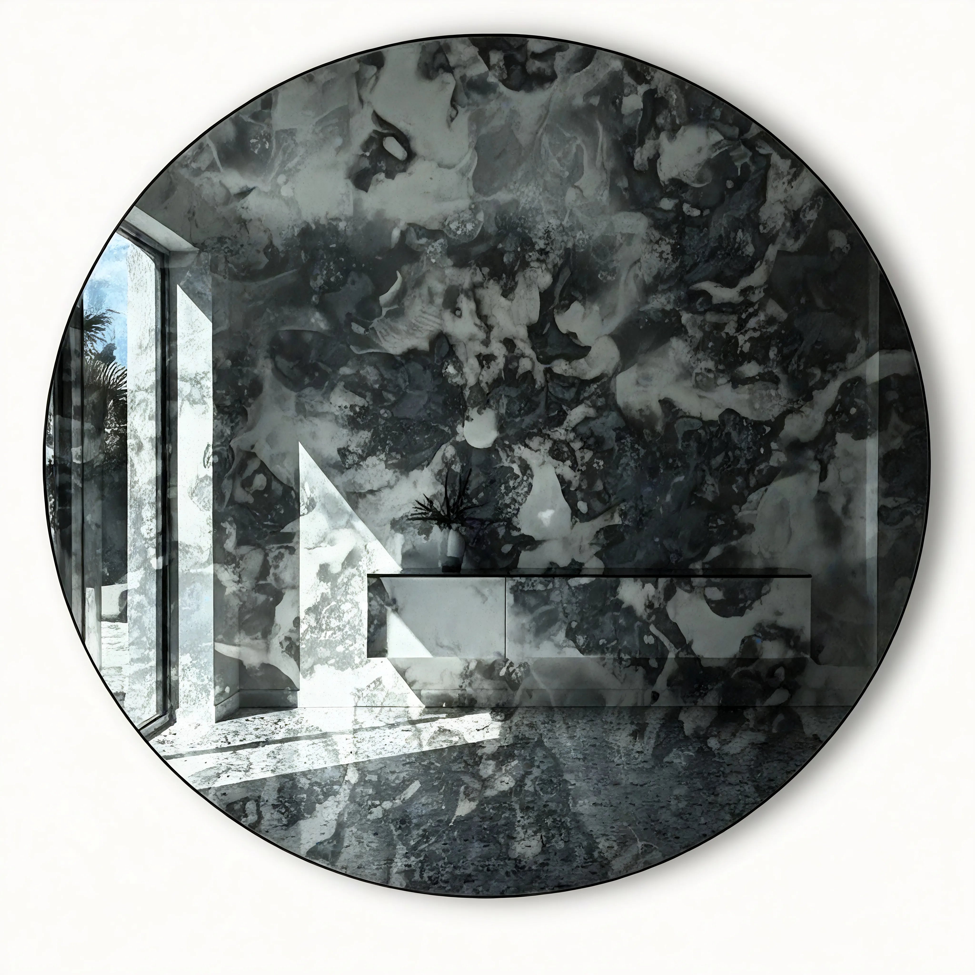 Antiqued Round Mirror | Midnight Strata Mirror Interior Moderna