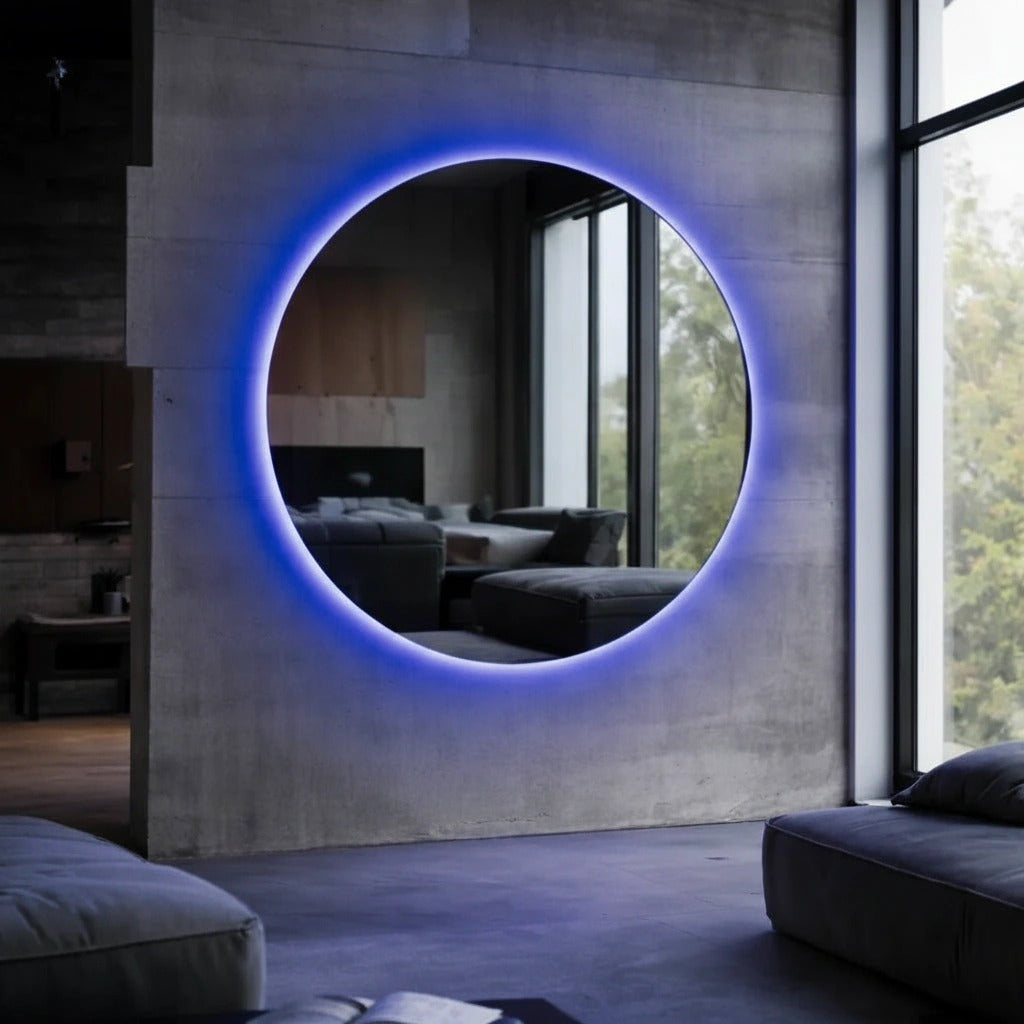 Round blue LED wall mirror above a concrete console, soft blue backlit glow