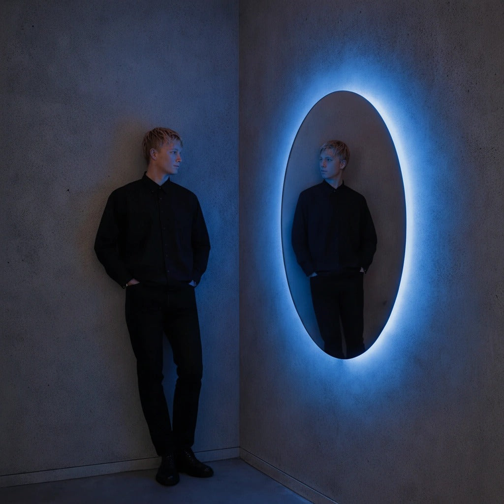Frameless round blue LED mirror in a corner, shown to scale beside a standing person
