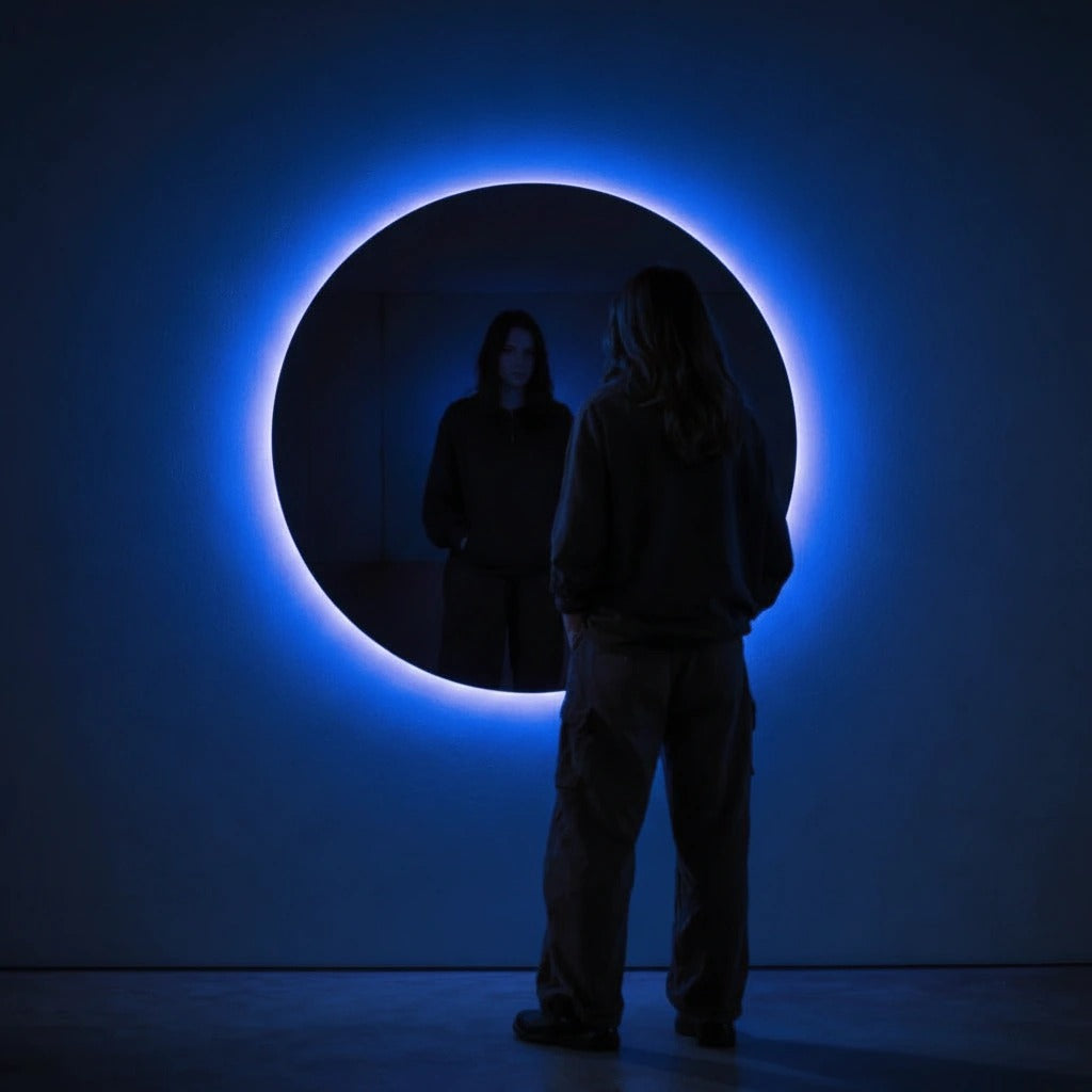 Round blue LED backlit wall mirror in a dark gallery space, reflection visible