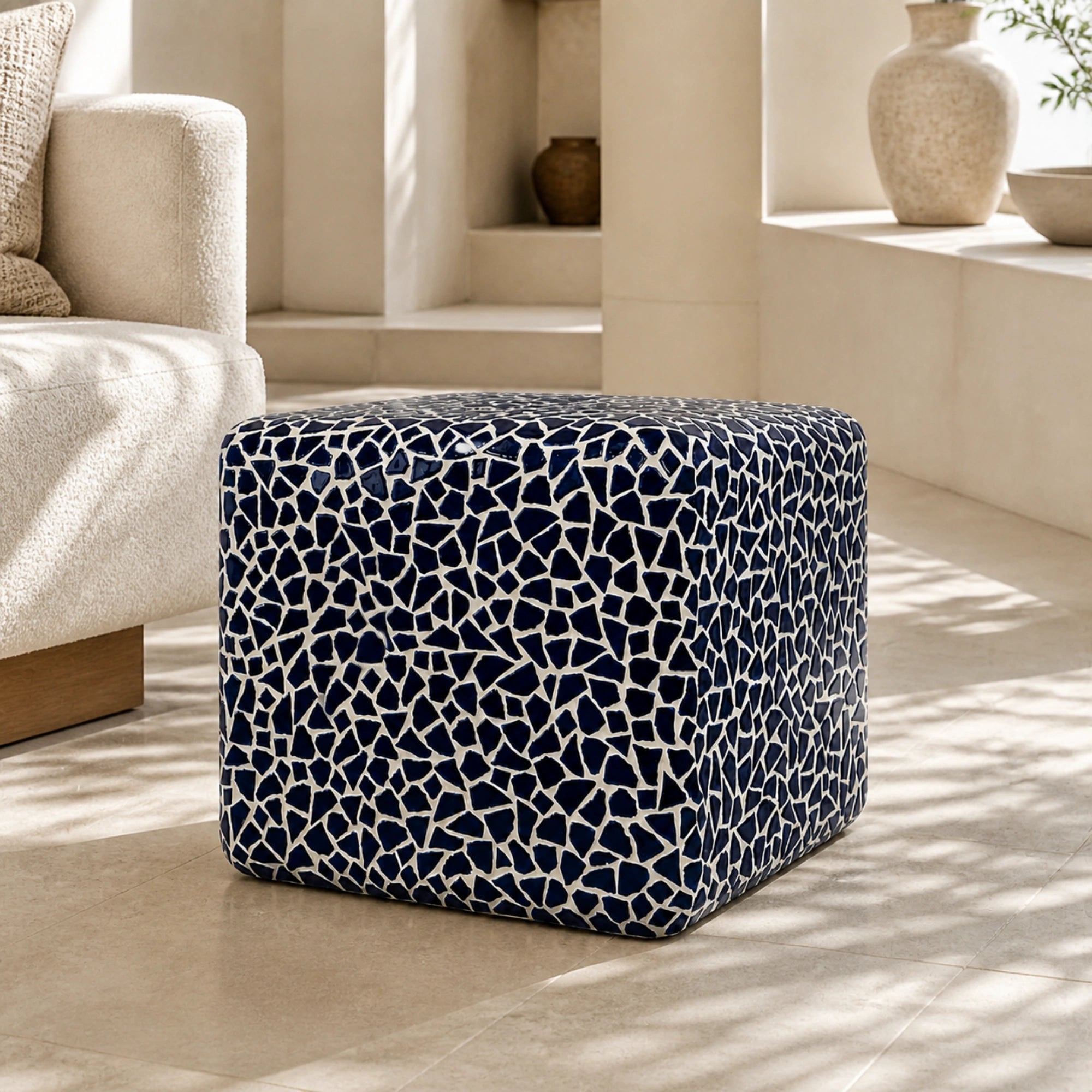 Blue ceramic-mosaic square side table — Milos navy tile accent table — view 8
