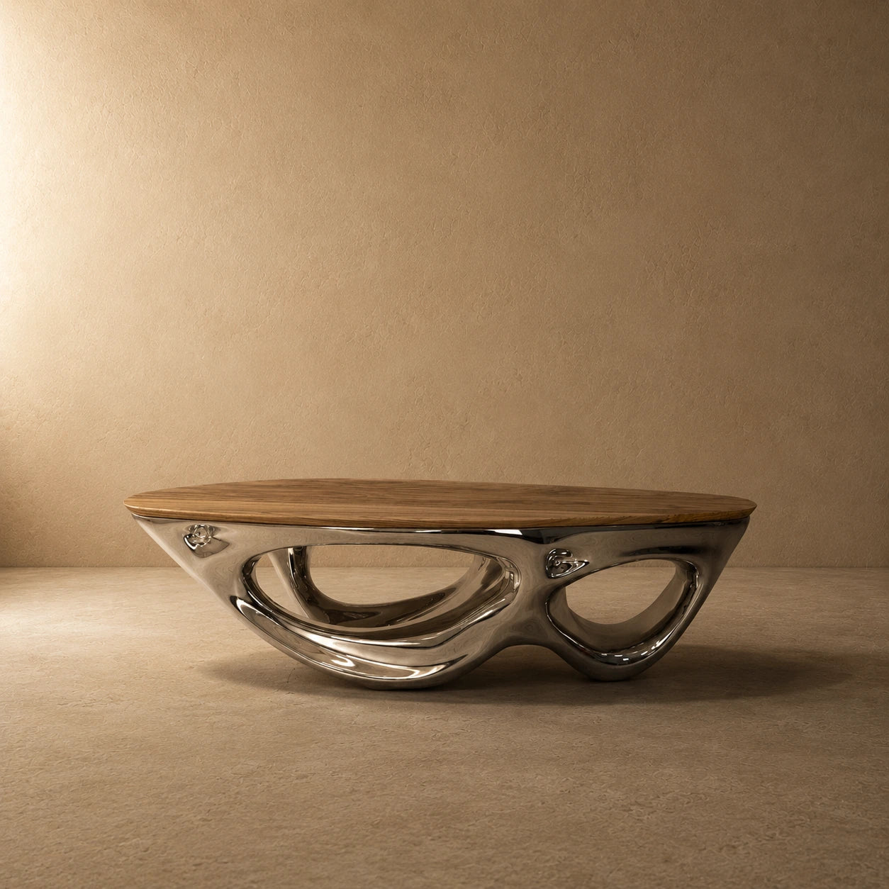 Low sculptural chrome-and-wood coffee table in a warm contemporary room
