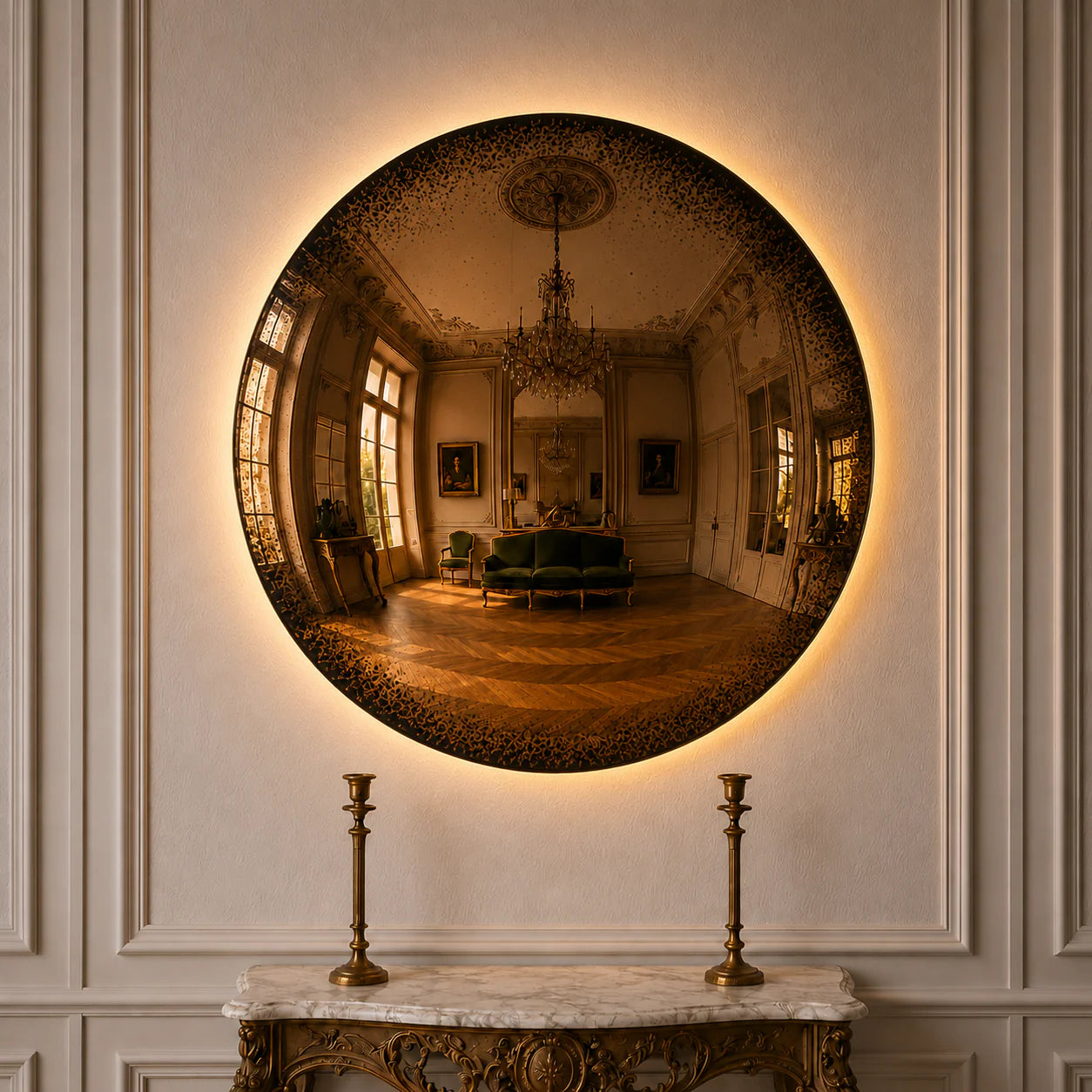 Convex Glow Mirror | Antiqued Cognac Halo Mirror Interior Moderna
