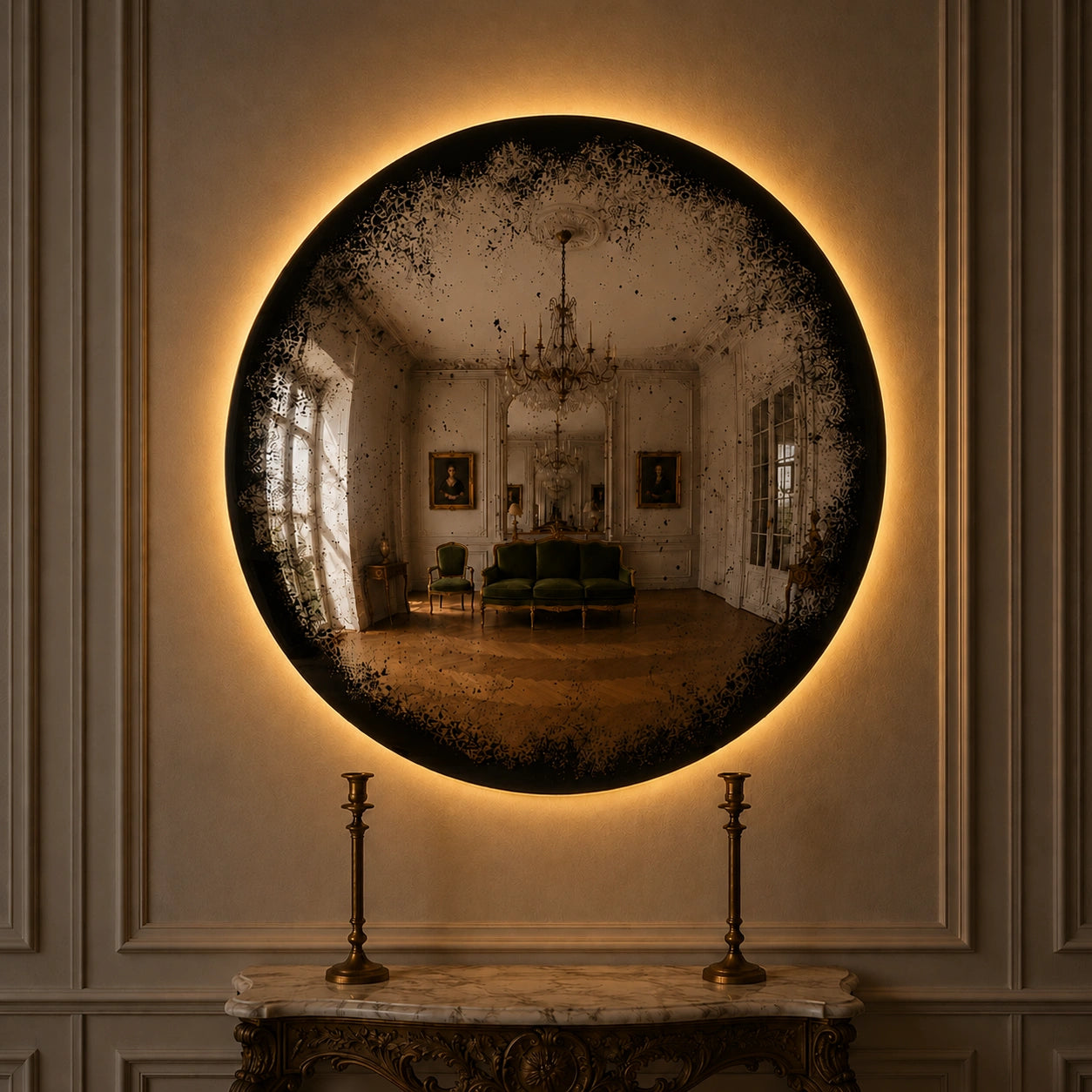 Convex Glow Mirror | Antiqued Mercury Halo Mirror Interior Moderna
