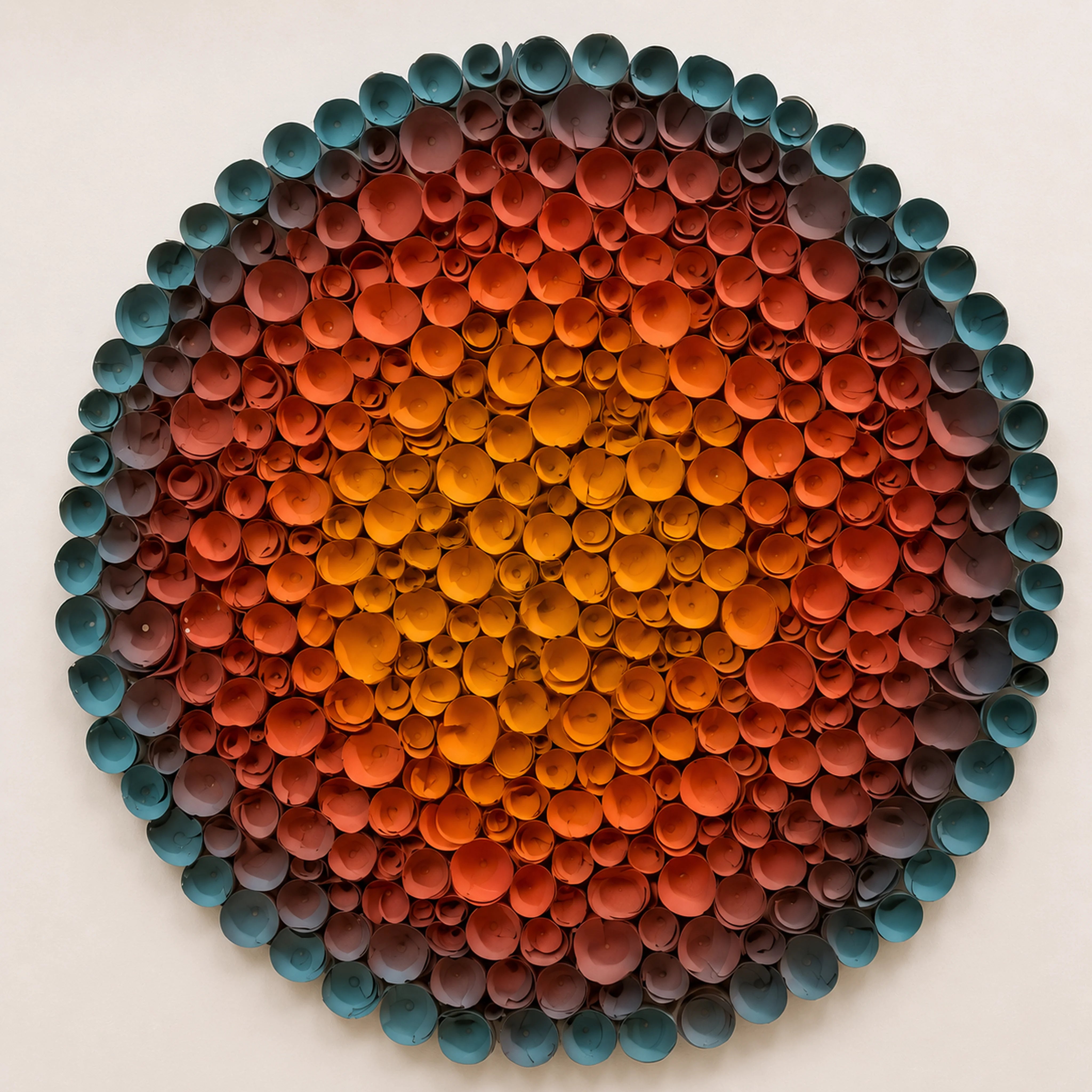 Coronal Bloom — orange and blue round paper wall art in a clear acrylic shadow box