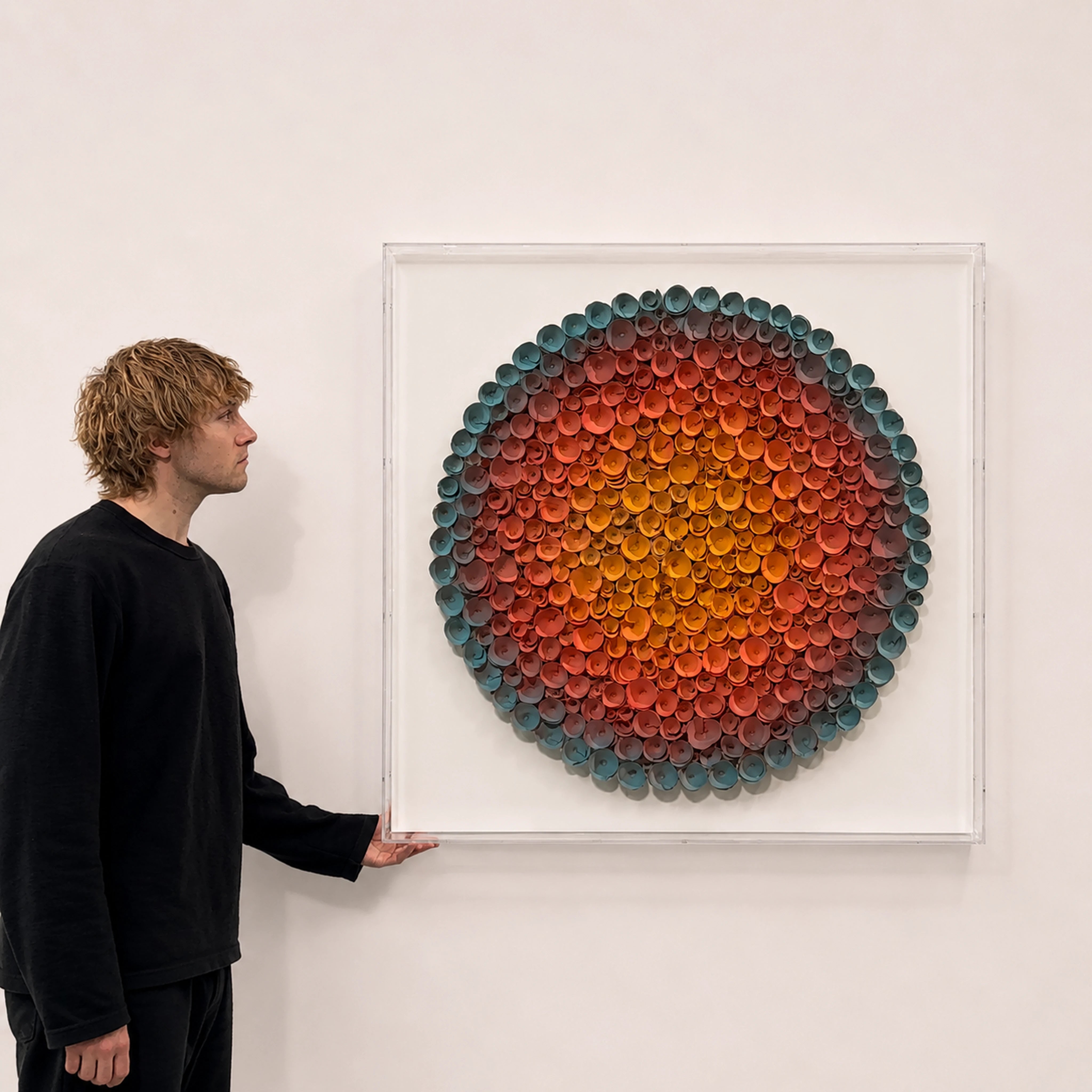 Coronal Bloom — orange and blue round paper wall art in a clear acrylic shadow box — shown at wall scale beside a person
