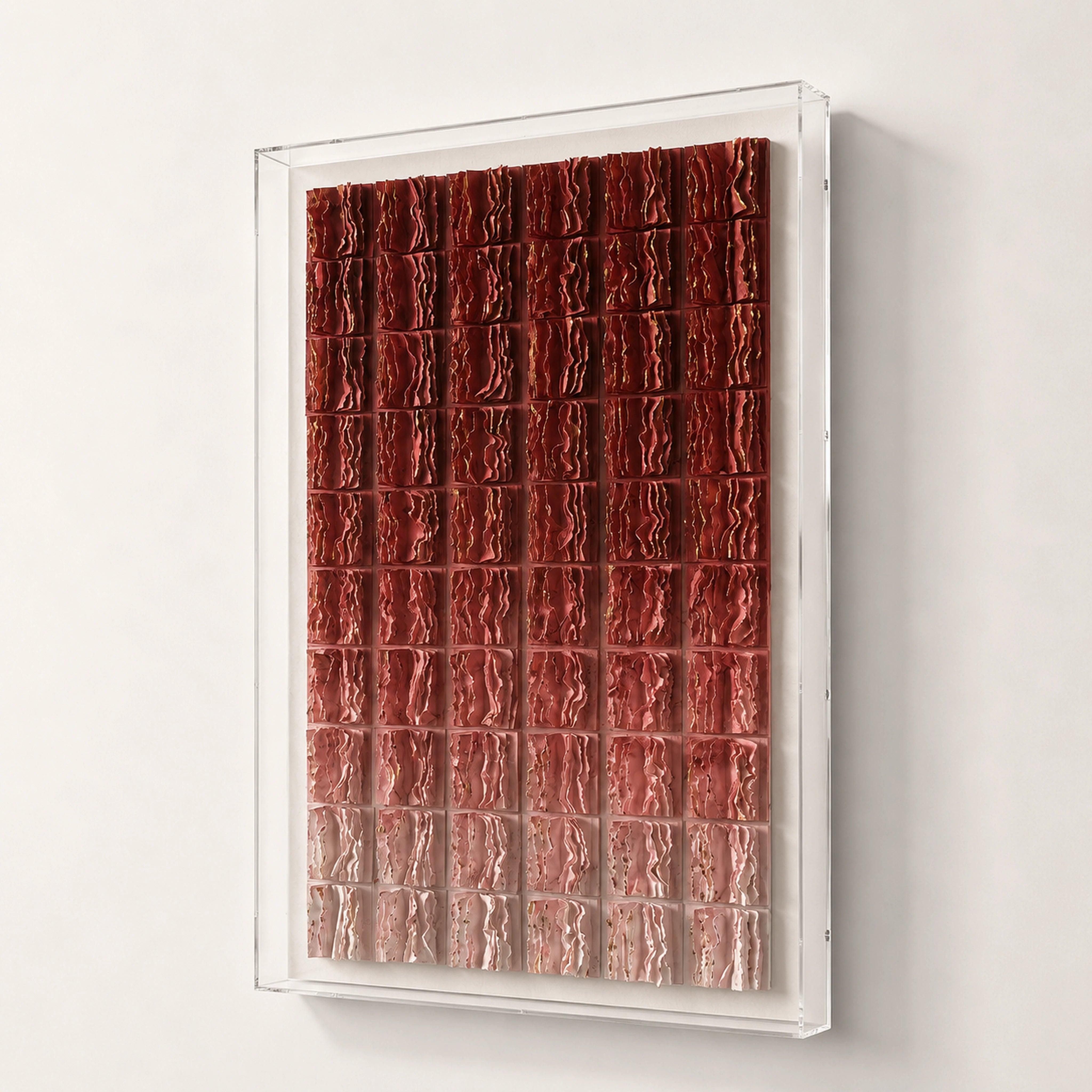 Garnet Ombré — garnet-to-white ombré layered paper-tile wall art in a clear acrylic box