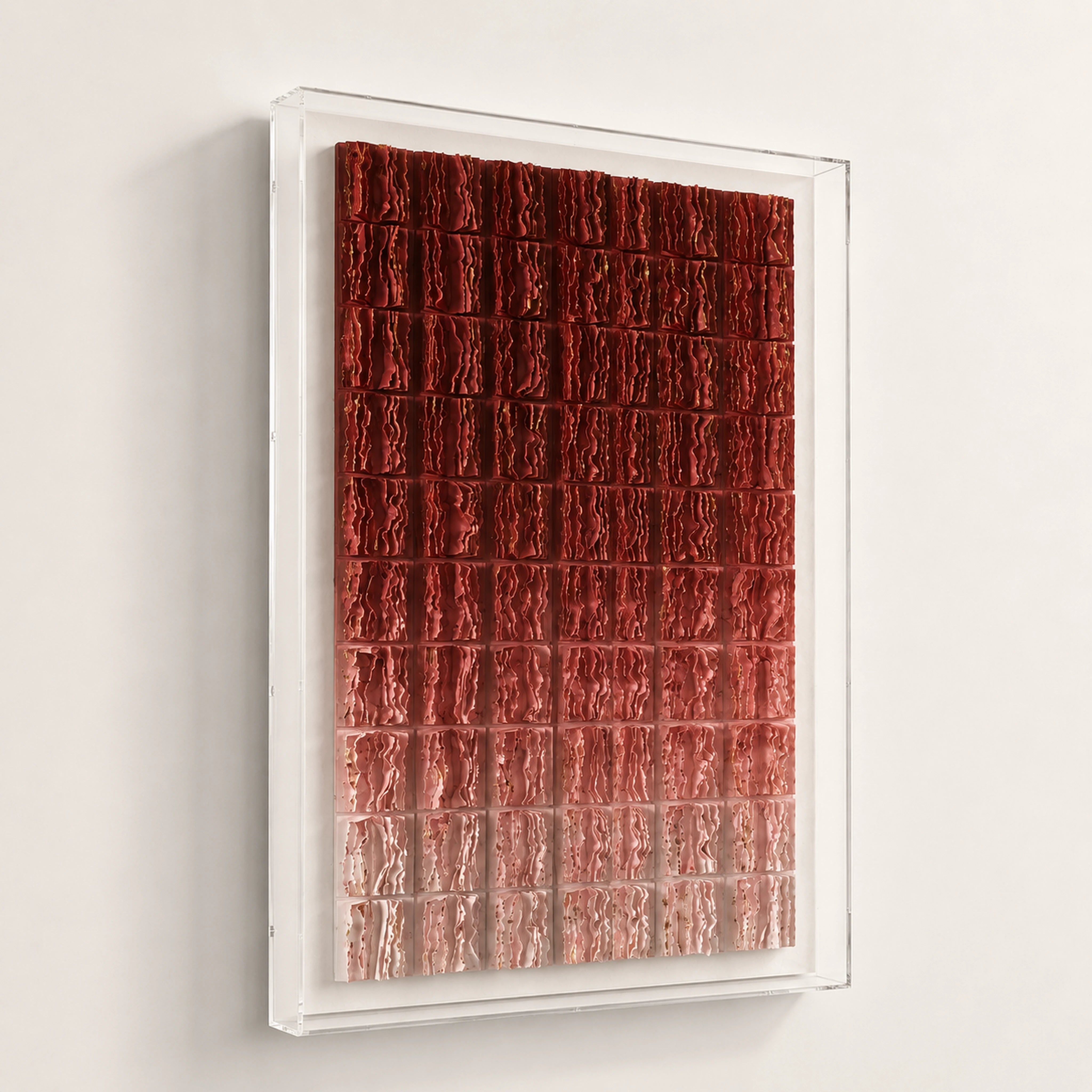 Garnet Ombré — garnet-to-white ombré layered paper-tile wall art in a clear acrylic box