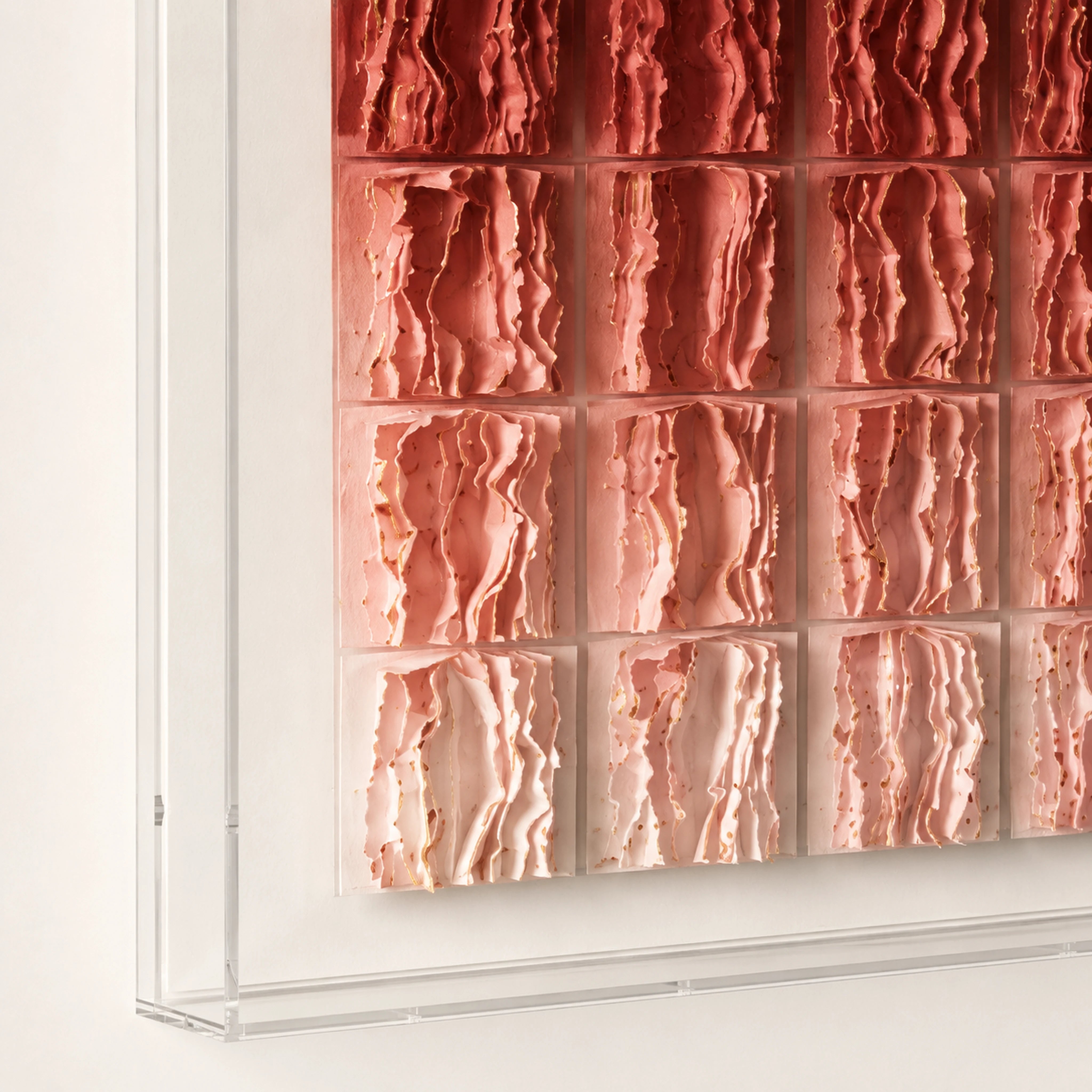 Garnet Ombré — garnet-to-white ombré layered paper-tile wall art in a clear acrylic box
