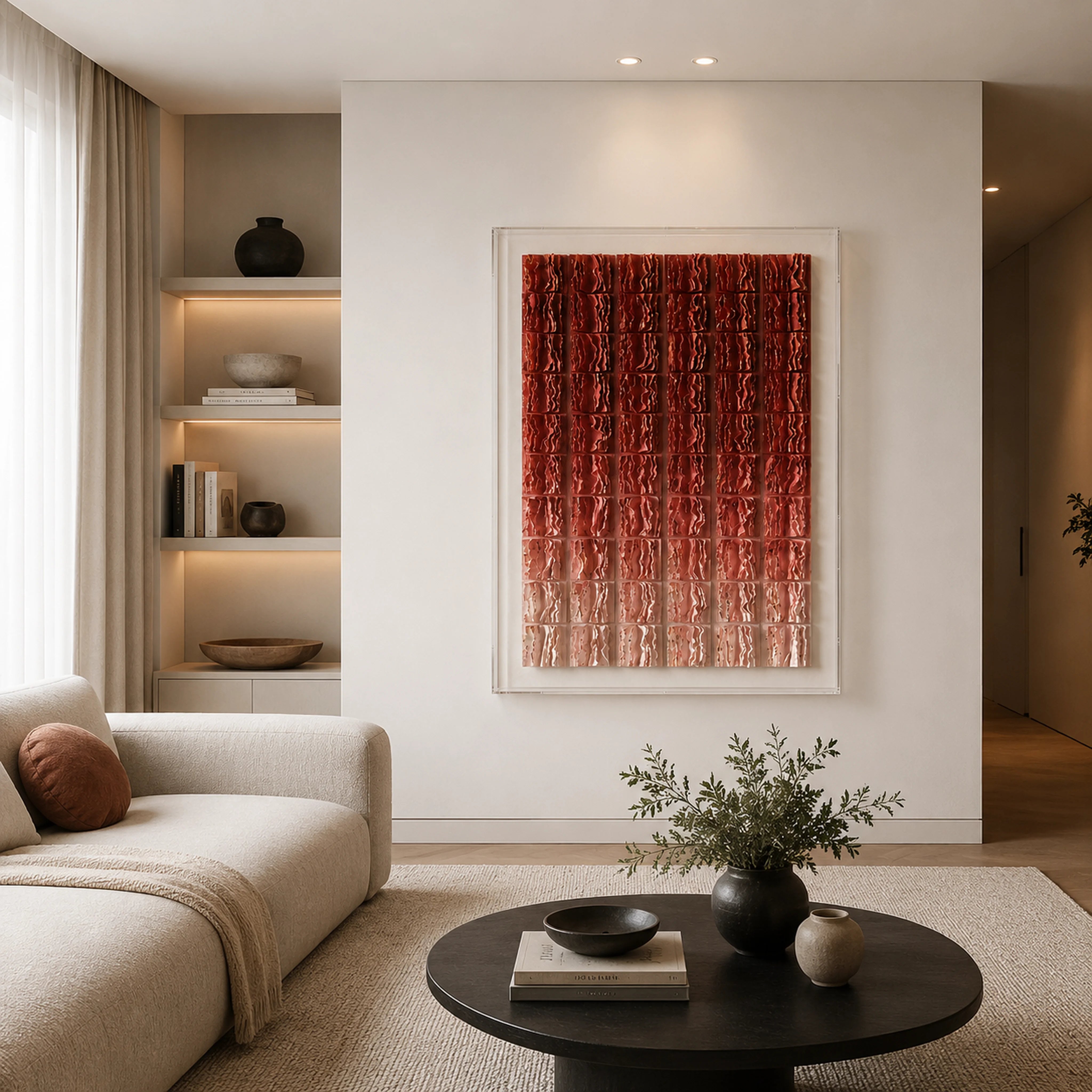 Garnet Ombré — garnet-to-white ombré layered paper-tile wall art in a clear acrylic box — shown in a contemporary living room