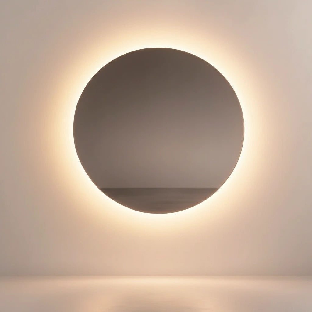 Warm white round LED backlit wall mirror — frameless Halo Eclipse mirror with a soft halo on a pale gallery wall