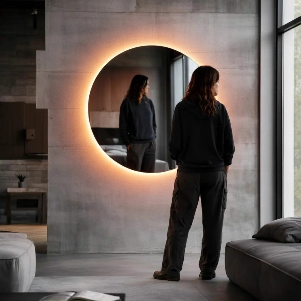 Warm-white backlit round wall mirror in a concrete loft, reflection visible, shown to scale beside a person