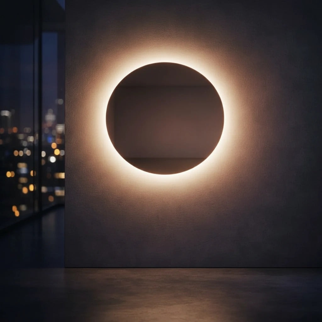Warm-white round LED wall mirror glowing against a night penthouse window