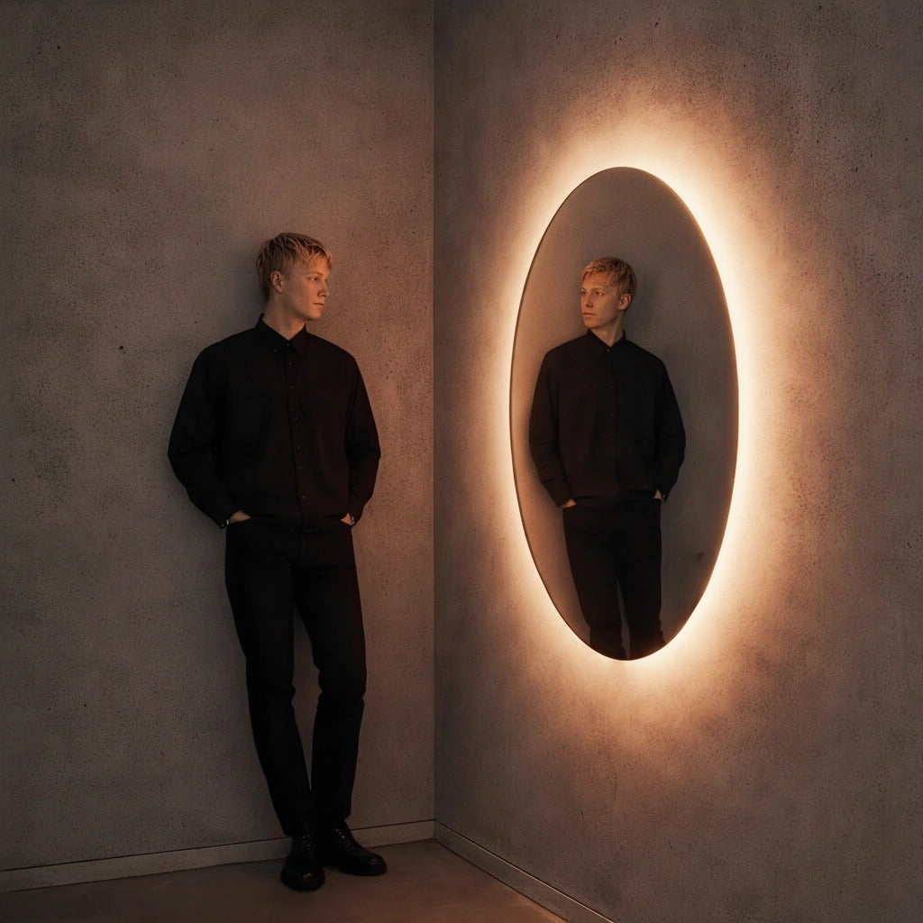 Warm-white LED round wall mirror in a room corner, shown to scale beside a standing person