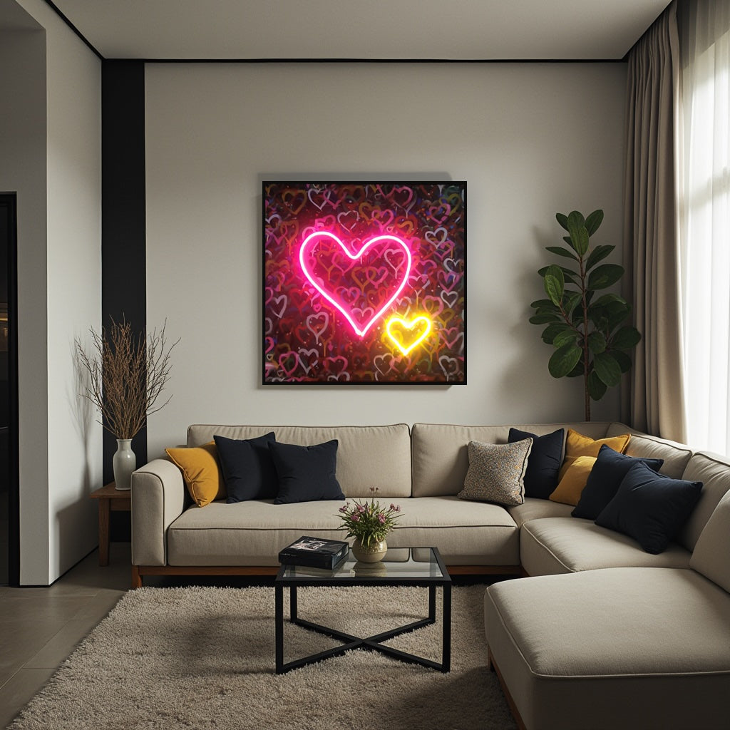Banksy Hearts Street Art | LED Canvas | Pink Neon Heart Wall Décor Wall Art Interior Moderna