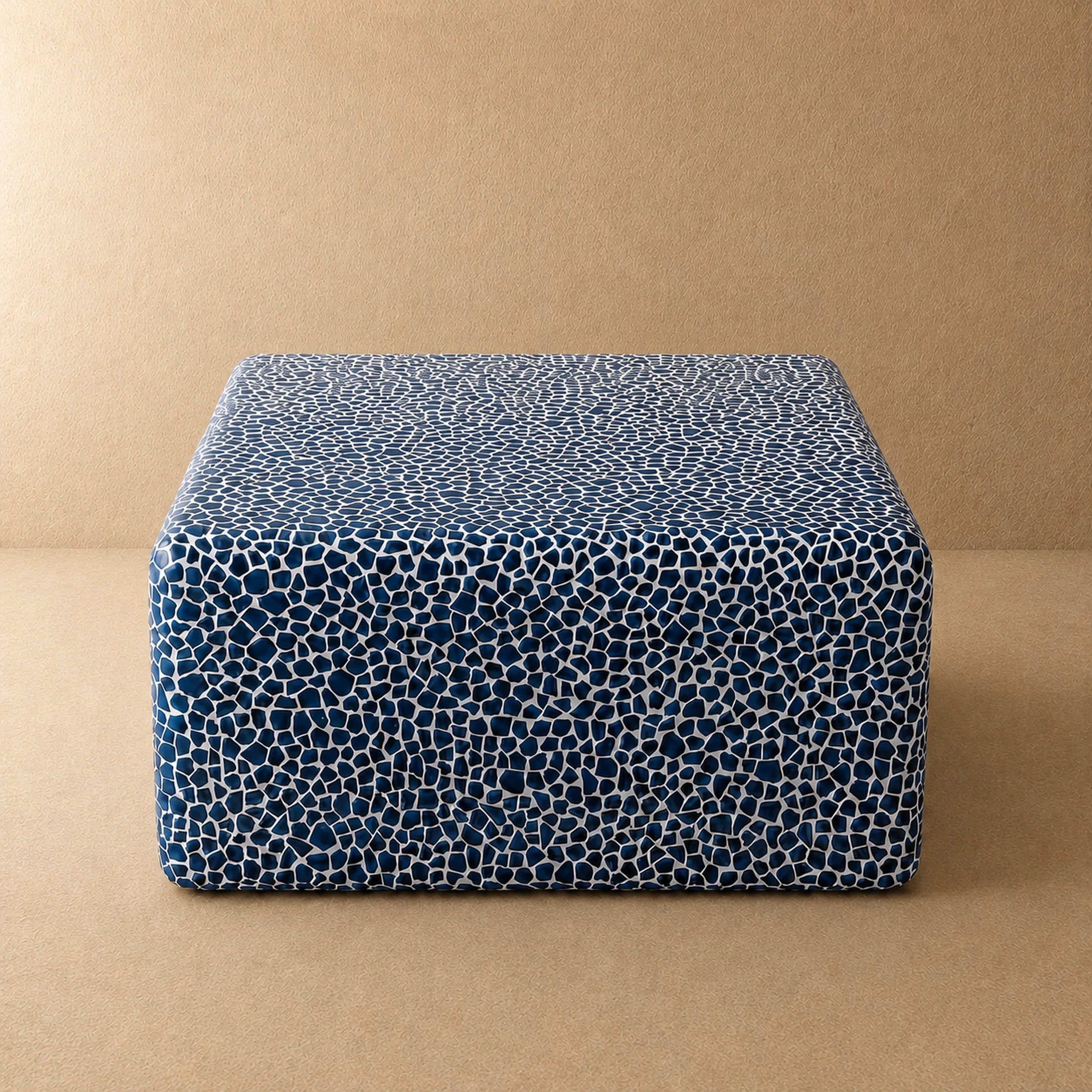 Blue and white ceramic mosaic coffee table — hand-laid glazed tile square table, straight-on view