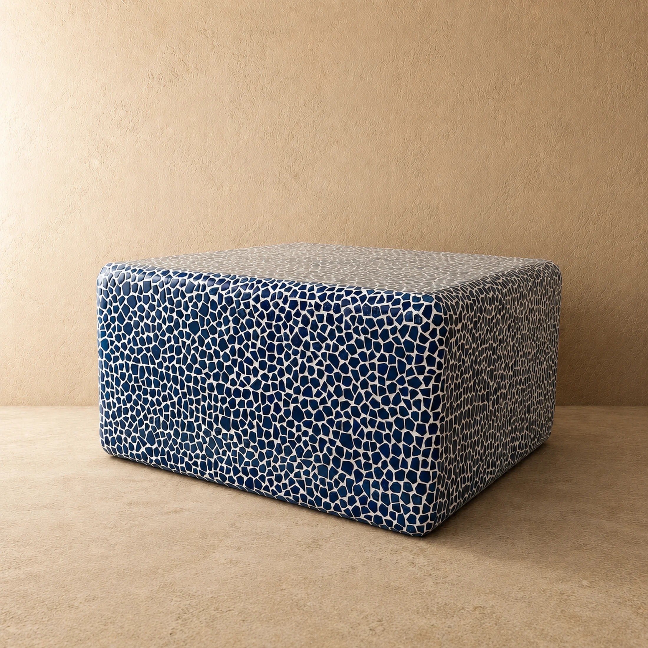 Navy and white ceramic tile coffee table, opposite three-quarter angle