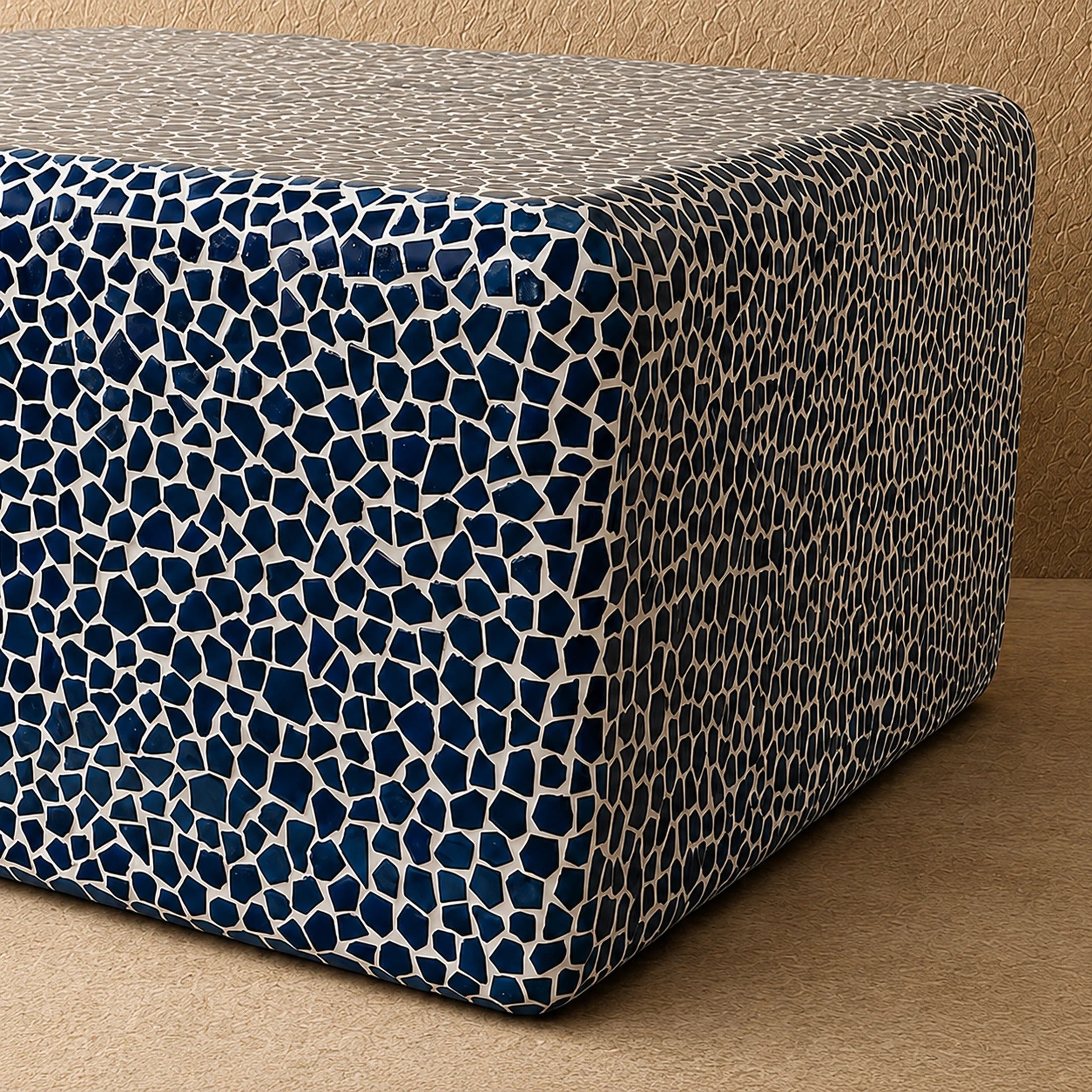 Blue mosaic coffee table corner, glazed tile top wrapping down the sides
