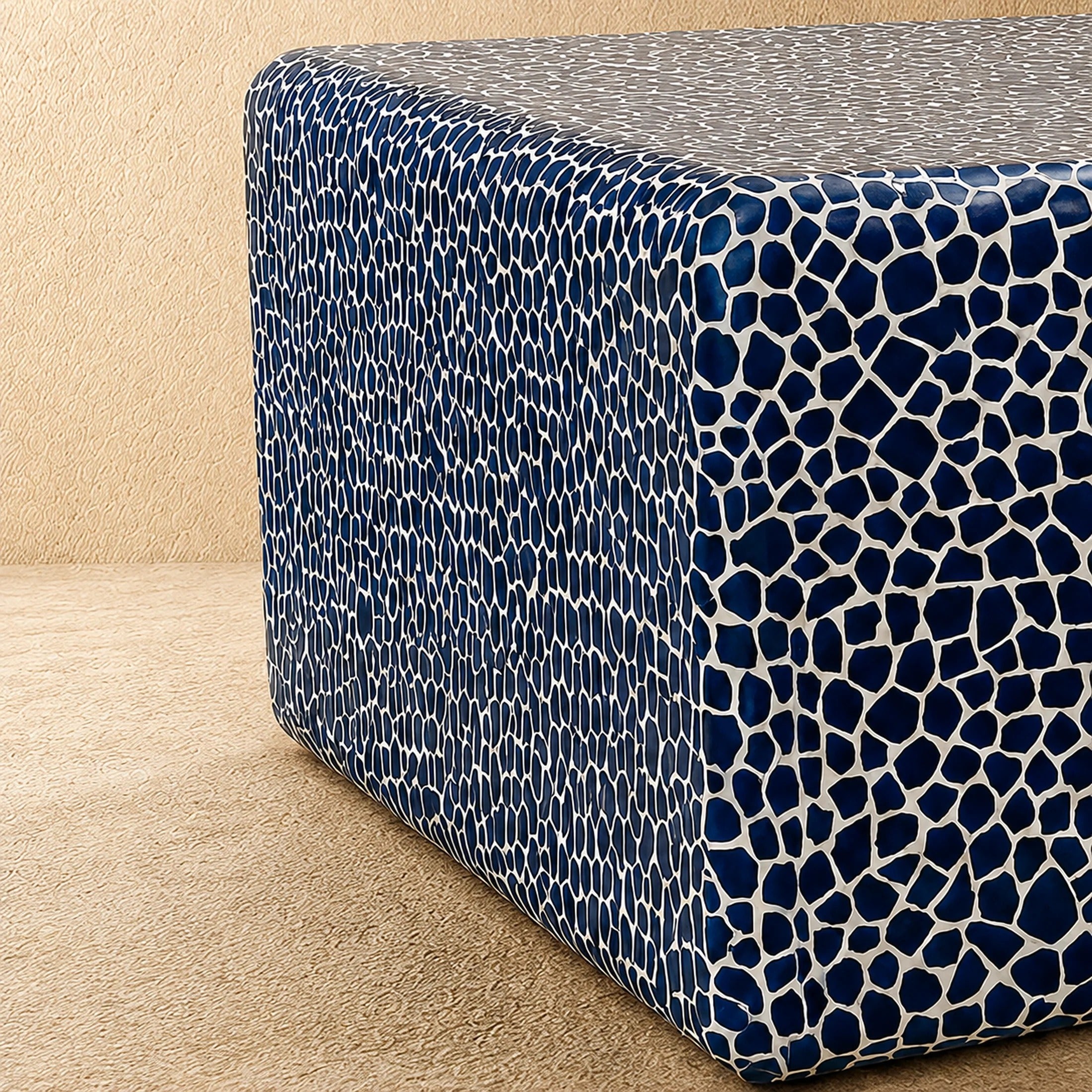 Blue ceramic mosaic coffee table edge profile, tiles wrapping to the floor