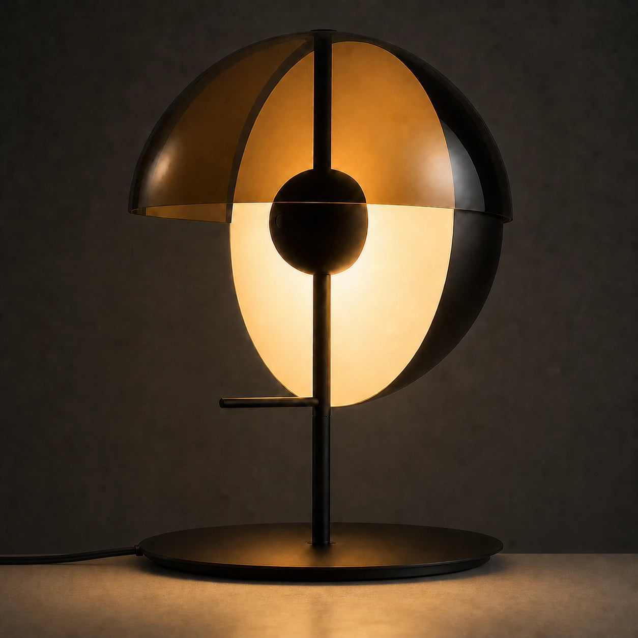 Orryn smoked amber glass table lamp glowing warm white — nighttime