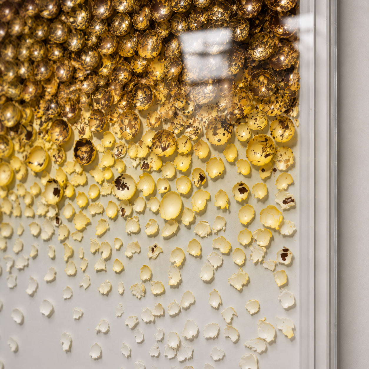 Sedimentation | Citrine texture detail — gold to cream sphere gradient, acrylic frame edge