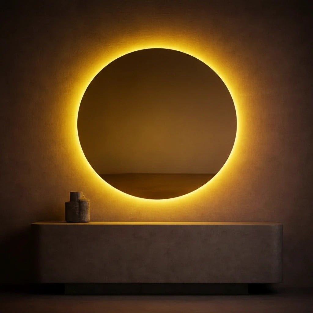 Round yellow LED backlit wall mirror styled over a stone console
