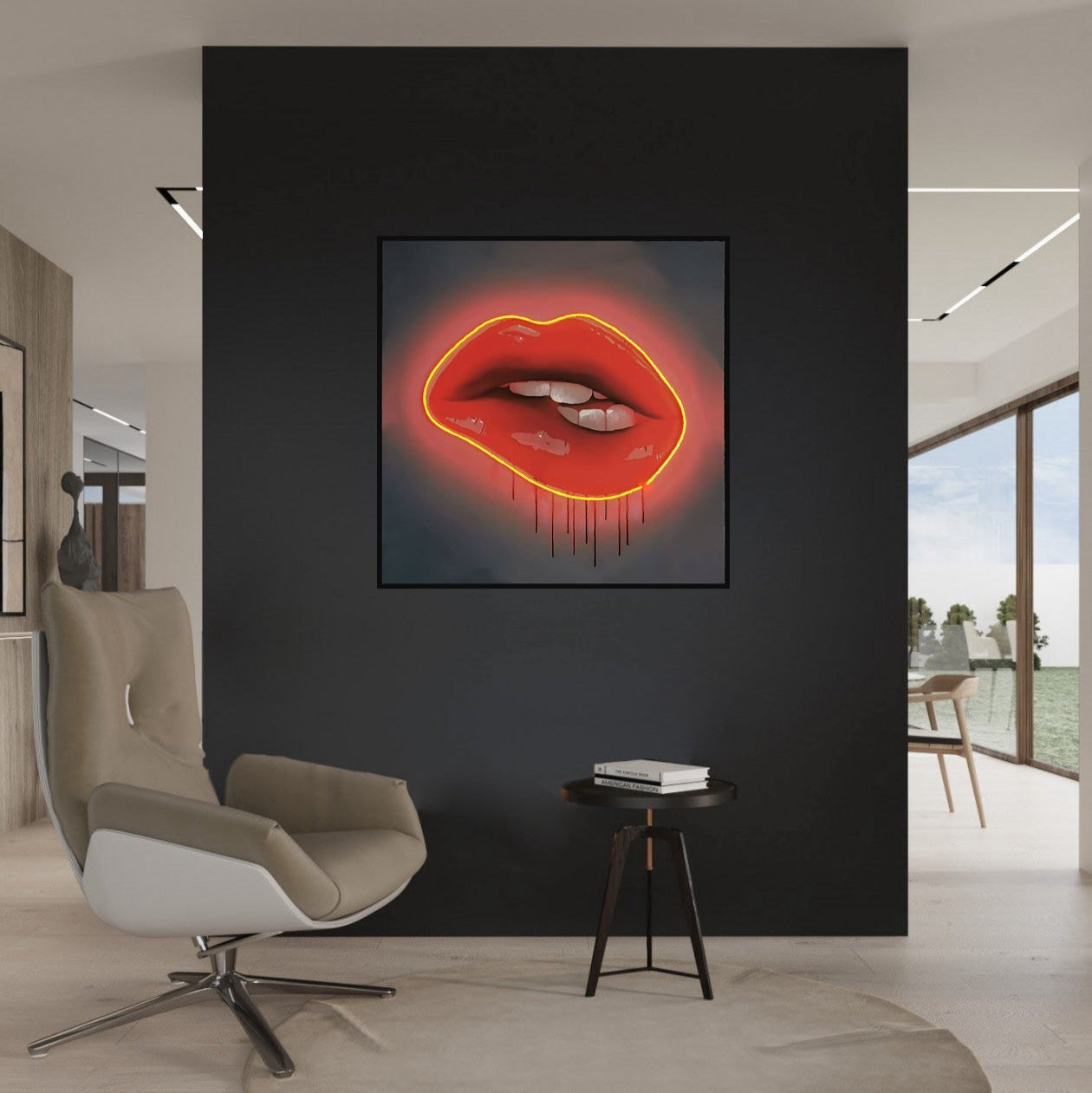 Red Lips LED Wall Art | Lip Biting Red LED Canvas with Paint Drip Wall Art Interior Moderna