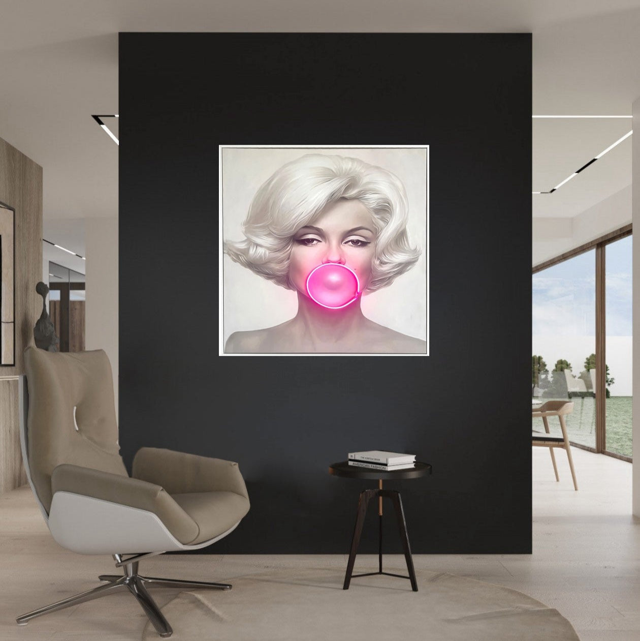 Marilyn Monroe Bubble Gum LED Wall Art – Pink LED Canvas with Bubble Accent Wall Art Interior Moderna