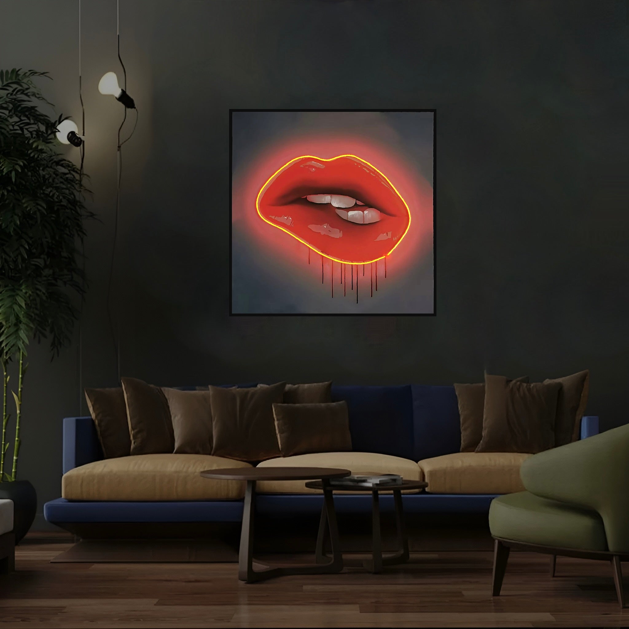 Red Lips LED Wall Art | Lip Biting Red LED Canvas with Paint Drip Wall Art Interior Moderna