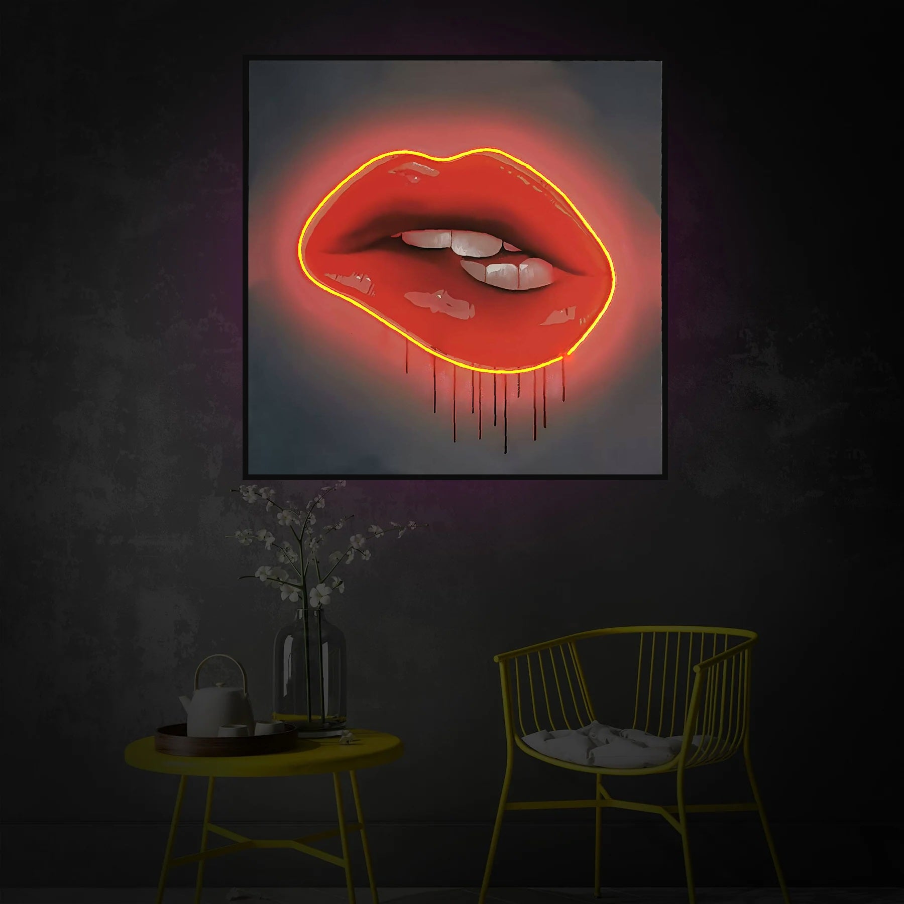 Red Lips LED Wall Art | Lip Biting Red LED Canvas with Paint Drip Wall Art Interior Moderna