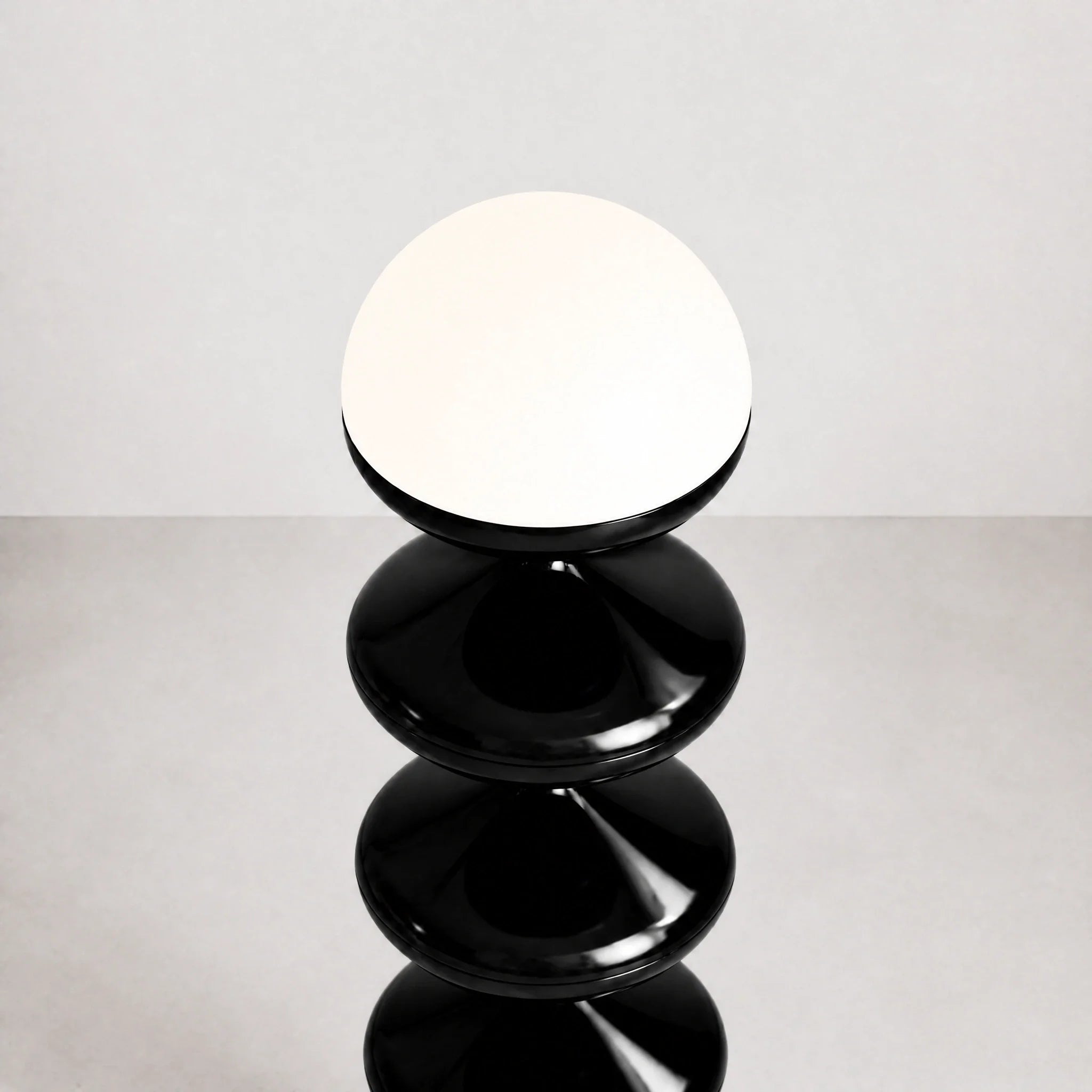 Black gourd floor lamp with stacked metal discs and frosted dome — view 3