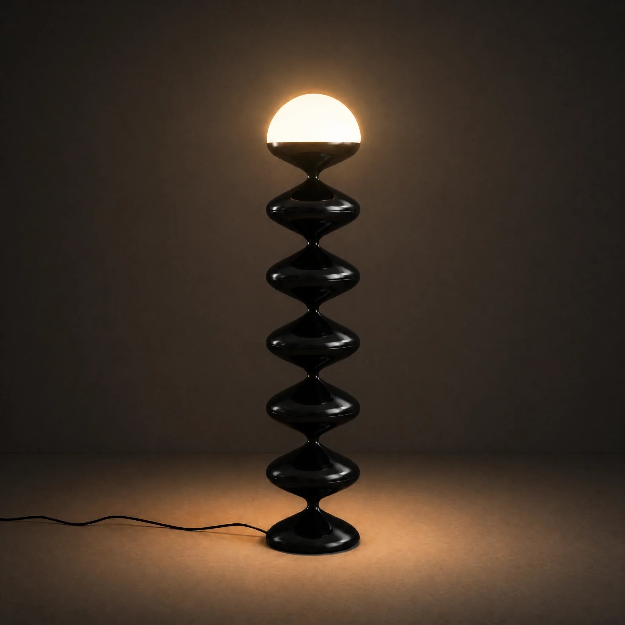 Black gourd floor lamp with stacked metal discs and frosted dome — view 5