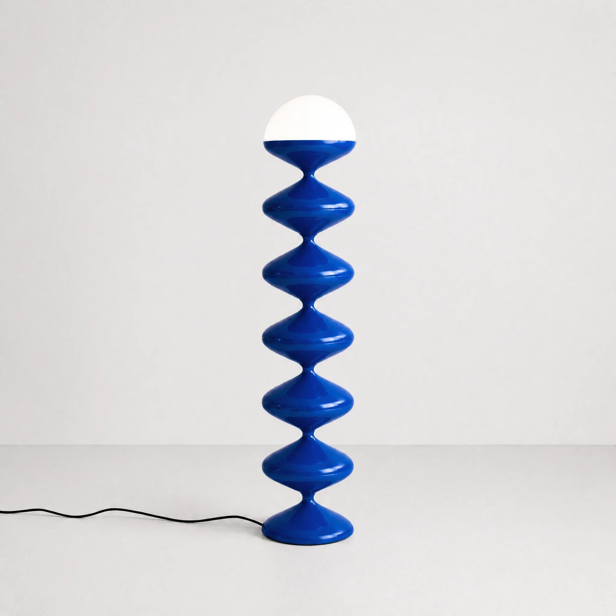 Blue gourd floor lamp with stacked metal discs and frosted dome — view 1